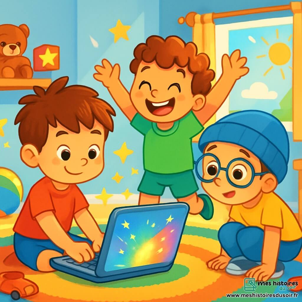 Trois personnages sont présents : Léo, un garçon de 5 ans aux cheveux bruns en bataille, portant un t-shirt rouge et un short bleu, assis sur un tapis coloré devant un ordinateur brillant ; Tom, avec des cheveux bouclés et un grand sourire, en t-shirt vert et pantalons courts, debout à côté de Léo en train de sauter de joie ; et Max, portant un bonnet bleu et des lunettes, en t-shirt jaune et jeans, accroupi devant l’écran, les yeux écarquillés. La scène se déroule dans une chambre d’enfant lumineuse aux murs bleu clair, avec des jouets au sol, un tapis doux et une fenêtre ouverte. Les trois amis jouent ensemble sur l’ordinateur, Léo est concentré, Tom est joyeux et Max curieux, entourés d'étoiles dorées symbolisant leur enthousiasme.