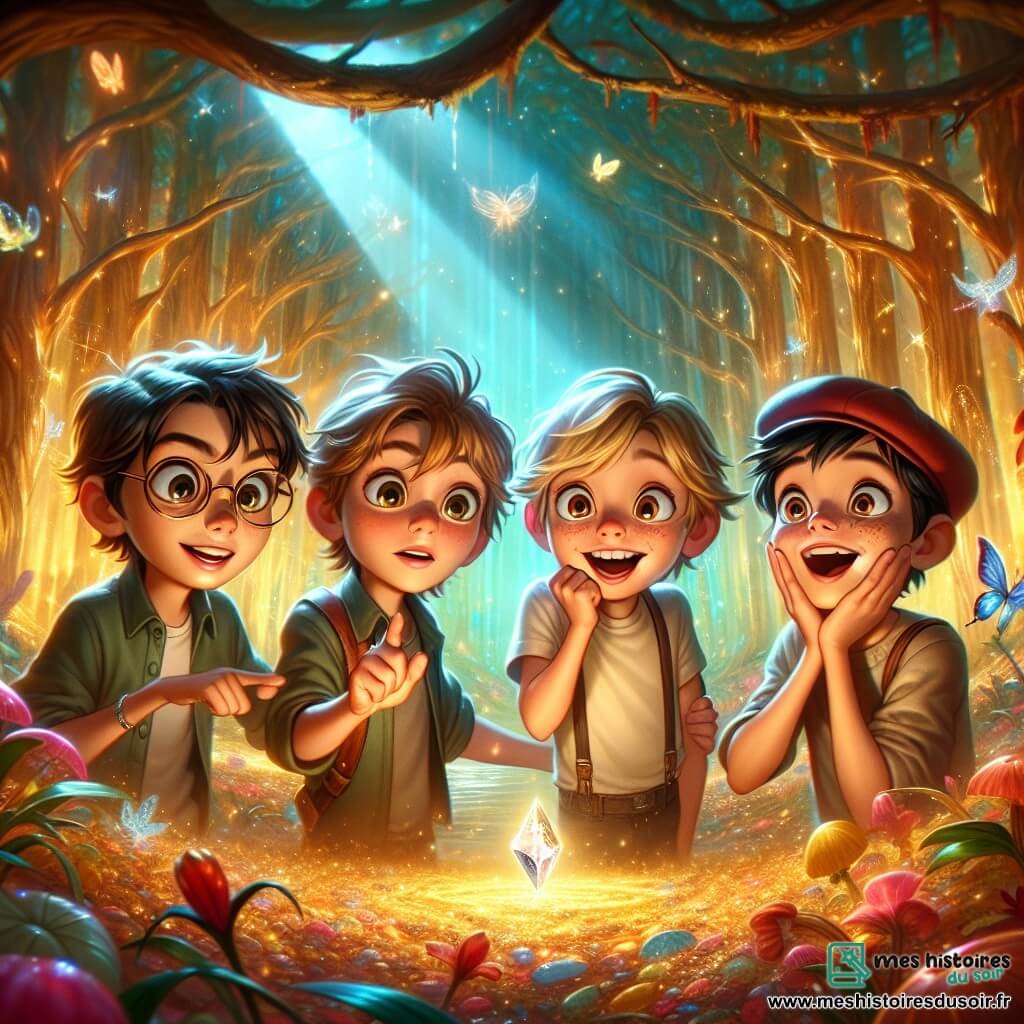 Dans une forêt enchantée, quatre garçons de huit ans sont émerveillés. Max, le leader aux cheveux ébouriffés, montre une pierre magique scintillante. Lucas, le rêveur aux lunettes rondes, l'observe avec fascination. Théo, le malin à la casquette rouge, sourit en découvrant un raccourci, tandis que Léo, le blagueur aux cheveux noirs, fait une grimace pour détendre l’atmosphère. La forêt est remplie d'arbres aux feuilles dorées et de créatures fantastiques, créant une ambiance magique. Les garçons découvrent la pierre magique, symbole de leur aventure pour sauver le monde enchanté d'un sorcier maléfique, unis par leur amitié et prêts à relever des défis.
