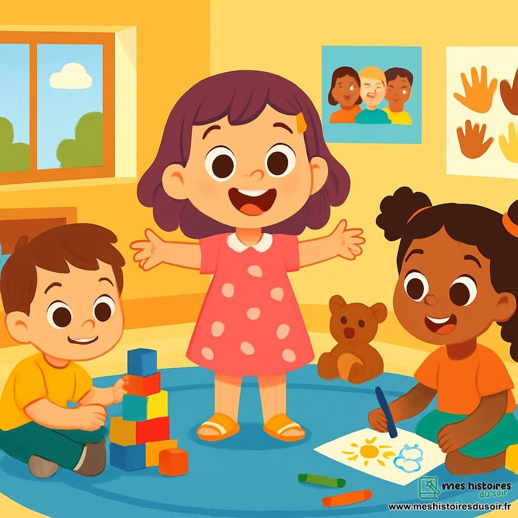 Lila, une petite fille de 4 ans, a de grands yeux brillants et un sourire radieux. Elle porte une robe rose à pois blancs et des sandales jaunes, se tenant au centre de la classe, les bras ouverts, pleine de joie. Amir, un garçon de 5 ans, joue assis sur un tapis avec des blocs de construction colorés, un sourire malicieux sur le visage. Zoé, une fille de 4 ans, est à côté de Lila, dessinant avec des crayons de couleur, les yeux pétillants de créativité. La scène se déroule dans une salle de classe lumineuse avec des murs jaunes et des affiches sur la diversité. Lila invite ses amis à partager leurs histoires et à jouer ensemble, célébrant leurs différences avec des rires.