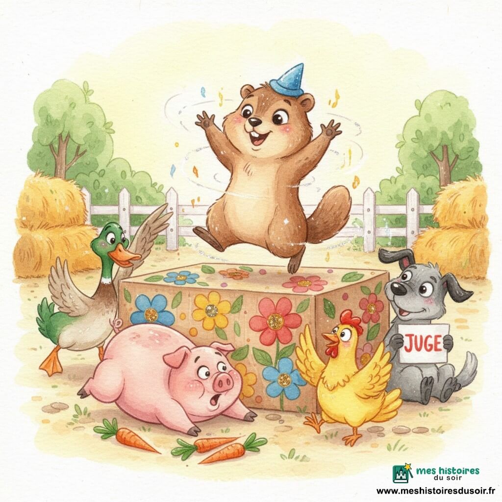 Une marmotte malicieuse à poils bruns et ventre crème, chapeau bleu, mène la danse en souriant; Gaston, un cochon rose rond, trébuche parmi des carottes, Léa la poule jaune bat des ailes en riant, Coco le canard vert et orange fait une cabriole derrière lui, et Max, un vieux chien gris assis au bord de la scène, sourit en tenant un panneau « juge ». Sur une estrade en carton peinte de grandes fleurs et paillettes, placée dans une cour de ferme ensoleillée avec bottes de foin et clôture blanche, tous les animaux se jettent dans un grand tas joyeux, expressions exagérées, mouvements dynamiques et couleurs vives, rendu tendre et lumineux en aquarelle avec légers contours au stylo gel blanc.