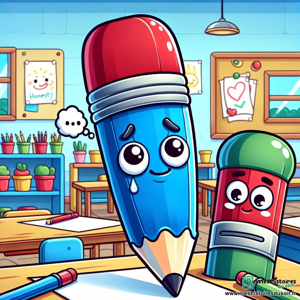 Illustration d'un stylo bleu vif avec une capuche rouge, affichant une expression nerveuse et déterminée, debout sur une table d'école entouré de feuilles blanches, prêt à partager son histoire. À côté, un crayon rouge avec une mine bien taillée et un sourire admire le stylo, tandis qu'un feutre vert, timide, écoute attentivement. Le décor est une salle de classe colorée avec des dessins d'enfants, des étagères de fournitures scolaires et une grande fenêtre. Des posters sur l'honnêteté et la confiance ornent les murs. Le stylo se prépare à partager sa phrase honnête, créant une atmosphère d'excitation et d'appréhension, avec des bulles de dialogue illustrant les pensées des fournitures. Des dessins d'animaux et de paysages, ainsi que des mots comme "vérité" et "confiance" décorent le tableau noir.