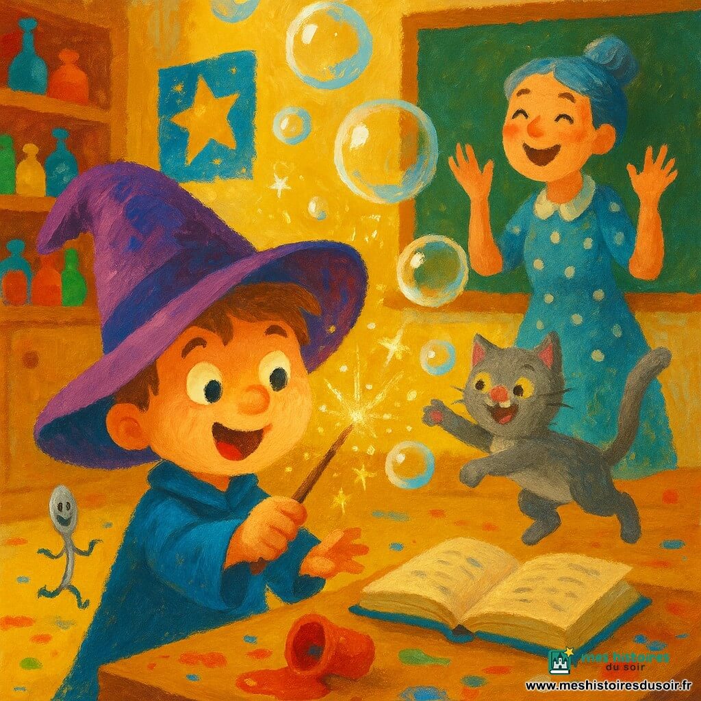Un apprenti sorcier de 4 ans au visage rond et grand chapeau violet, tenant une petite baguette en bois qui projette des bulles de savon et des paillettes dorées dans une salle de classe chaleureuse aux étagères de fioles colorées et rayons de lumière, tandis qu’un chat gris nommé Gris-Gris saute dans les bulles et qu’une maîtresse sorcière d’environ 30 ans aux cheveux gris-bleu rit près d’un tableau; une petite cuillère argentée aux yeux dessinés danse au-dessus d’une table avec un livre ouvert et un pot de peinture renversé; scène vive et joyeuse rendue comme une gouache aux couleurs vives, textures épaisses et traits doux.