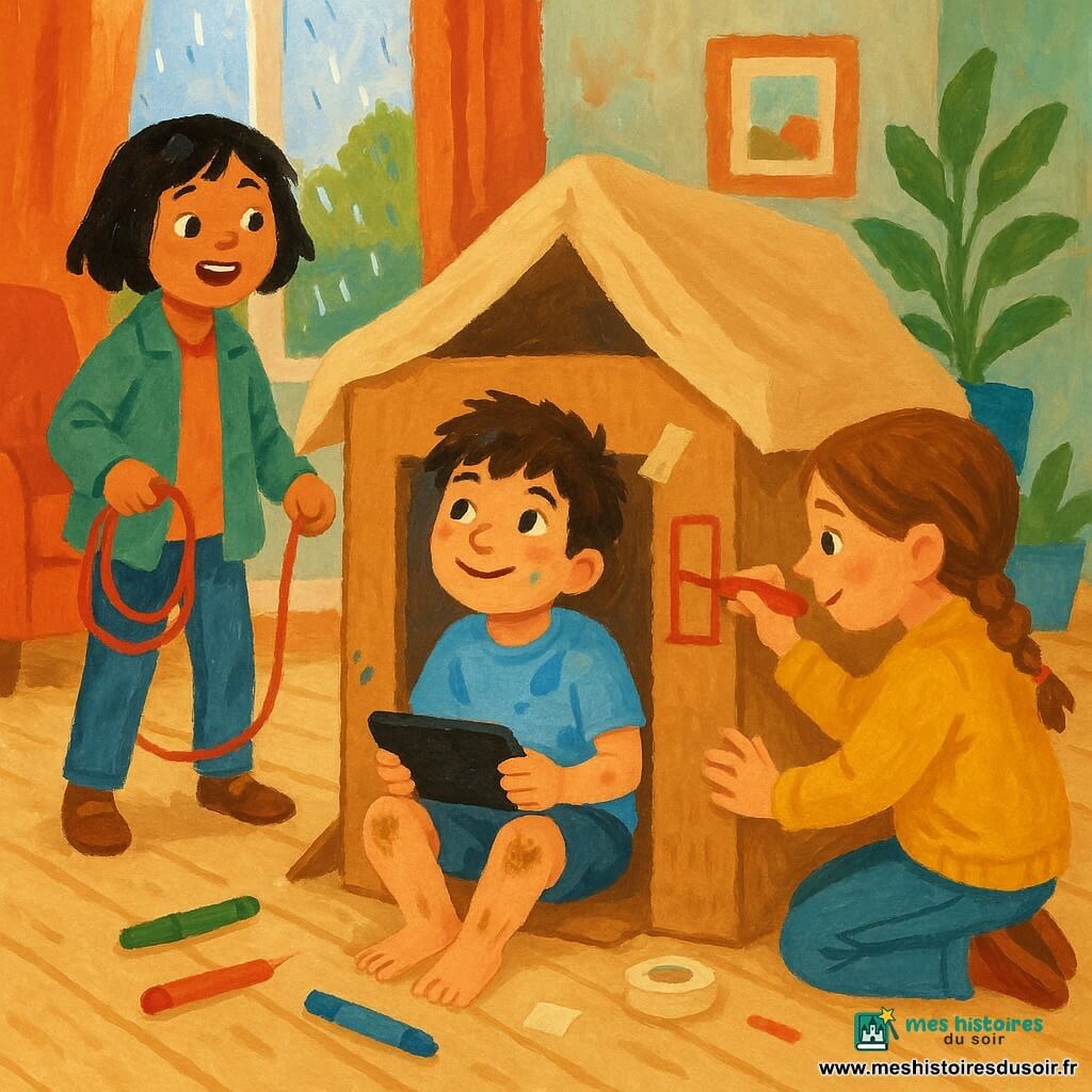 Trois enfants d'environ 8 ans bricolent une cabane en carton dans un salon cosy aux couleurs chaudes : un garçon aux cheveux bruns en bataille, t-shirt bleu clair taché de peinture et genoux sales, est assis à l'intérieur à gauche, tenant une tablette posée face contre la couverture et souriant ; une fille châtain clair en natte, pull jaune moutarde, est accroupie à droite, collant un morceau de scotch et dessinant une fenêtre au feutre rouge ; une fille aux cheveux noirs courts et manteau vert léger se tient devant l'entrée avec une corde à sauter enroulée, regardant les autres avec excitation. La cabane, faite de cartons empilés et d'une couverture beige pour toit, est entourée de feutres et de scotch, le sol est en parquet clair, une grande fenêtre montre un jardin mouillé avec des gouttes sur la vitre, une lumière douce éclaire la scène, un minuteur rond sur la table indique la fin du temps d'écran ; l'ambiance est joyeuse, gestes actifs et textures visibles du carton ondulé et de la gouache, couleurs contrastées bleu, jaune, rouge et vert.