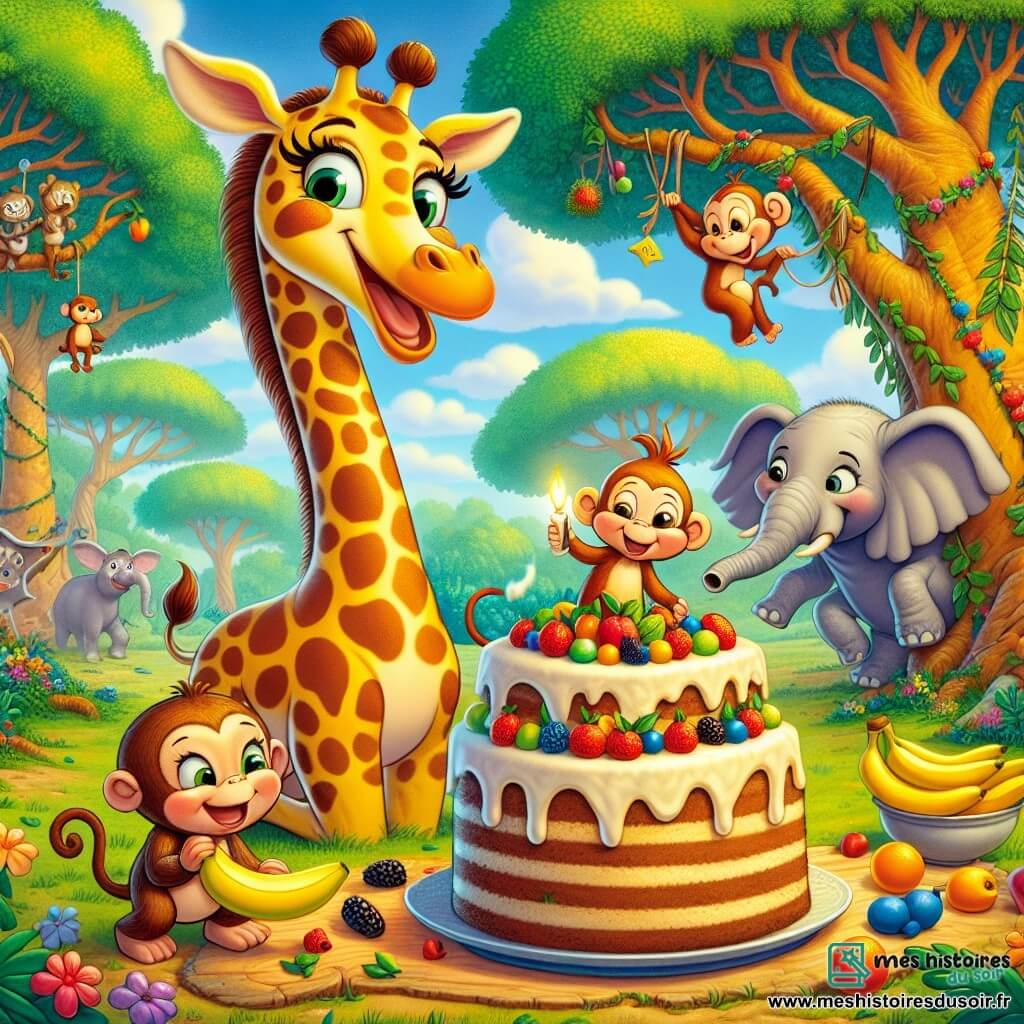 Une girafe joyeuse nommée Gigi, avec un long cou tacheté, se tient au centre, souriante, en train de préparer un grand gâteau aux fruits. À sa droite, un petit singe espiègle nommé Milo, tenant une banane, balance d'une branche à l'autre. À gauche, un éléphant amical nommé Émile se penche pour attraper des fruits. La scène se déroule dans une forêt enchantée avec des arbres majestueux et des fleurs colorées. Gigi, Milo et Émile préparent ensemble un gâteau aux fruits pour une fête, illustrant l'esprit d'amitié et de coopération.