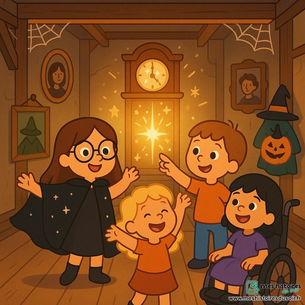 Quatre enfants, deux filles et deux garçons, se tiennent dans une vieille maison mystérieuse. Céline, 8 ans, cheveux bruns et lunettes, porte une cape noire scintillante et sourit. À sa droite, Emma, 7 ans, cheveux blonds et bouclés, lève les bras en riant. À gauche, Maxime, 8 ans, cheveux châtains et t-shirt orange, pointe une horloge magique qui brille. Enfin, Lila, 7 ans, cheveux noirs et robe violette, est assise dans son fauteuil roulant, souriant en regardant ses amis. La pièce est remplie de vieux tableaux, costumes d'Halloween et toiles d'araignée. Une lumière mystérieuse émane de l'horloge ornée d'étoiles, créant une ambiance magique. Les enfants découvrent un monde fantastique en jouant et dansant dans cette maison enchantée.