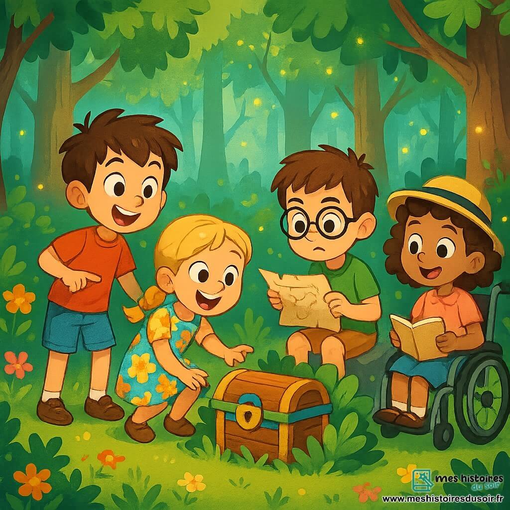 Léo (8 ans) est un garçon aux cheveux bruns en bataille, portant un t-shirt rouge et un short bleu, debout et excité, pointant vers un coffre en bois caché dans les buissons. Mia (7 ans), avec des cheveux blonds tressés et une robe à fleurs, est accroupie près de Léo, souriante et prête à ouvrir le coffre. Tom (8 ans), aux cheveux châtains et portant des lunettes, est assis sur une pierre avec une carte au trésor, concentré sur une énigme. Chloé (7 ans), avec des cheveux bouclés et un chapeau, est assise dans son fauteuil roulant, souriant et tenant un carnet de croquis, prête à dessiner. La scène se déroule dans une forêt enchantée, illuminée par des rayons de soleil, avec un coffre en bois orné caché dans les buissons. Les quatre amis découvrent ce coffre mystérieux, remplis d'excitation et de curiosité, prêts à résoudre le mystère.