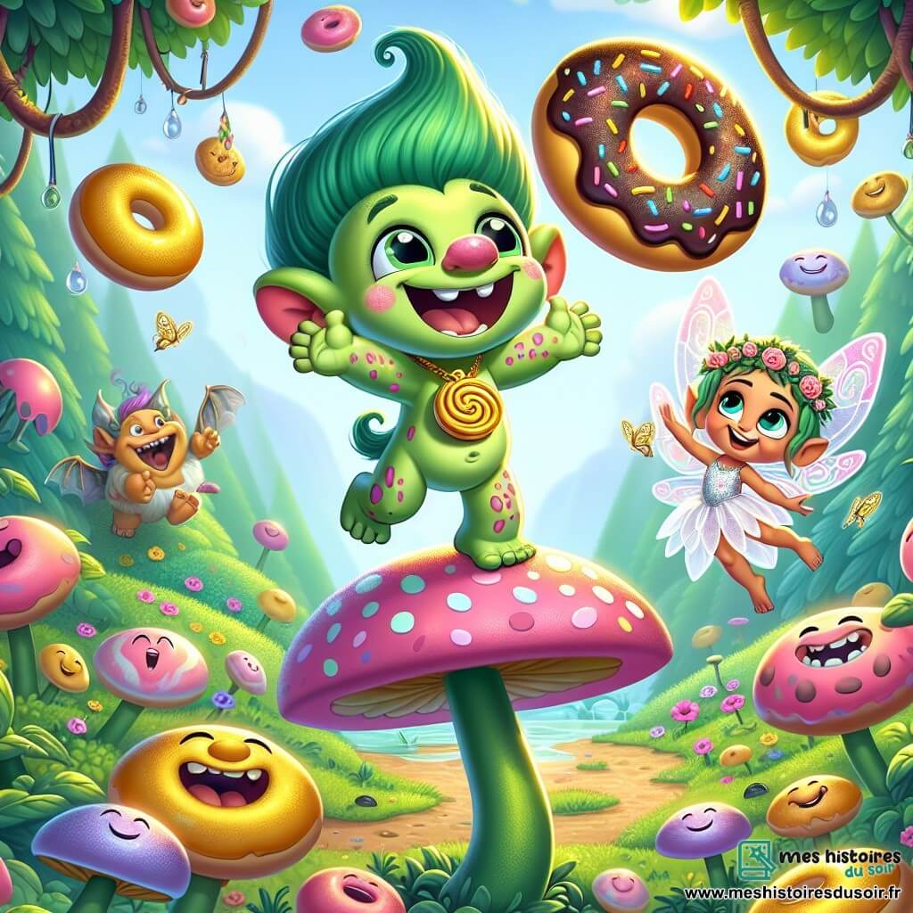 Un petit troll nommé Turbulent, avec une peau verte et des taches roses, flotte joyeusement dans les airs, portant un médaillon en forme de donut. Son visage souriant et ses yeux pétillants de malice illuminent le champ de fleurs colorées qui chantent. À ses côtés, Clara, une petite fée aux ailes transparentes et aux cheveux dorés, observe Turbulent avec amusement et inquiétude, se tenant sur une fleur géante. Non loin, Grignote, un dragon miniature aux écailles vertes, rit en essayant d'attraper des gouttes de chocolat qui tombent du ciel, sur un tas de bonbons. Le décor est une vallée enchantée avec des arbres en sucre d'orge et des rivières de limonade, créant une atmosphère joyeuse. La scène montre Turbulent flottant, entouré de bonbons et de fleurs chantantes, tandis que ses amis l'observent, prêts pour une aventure pleine de rires.