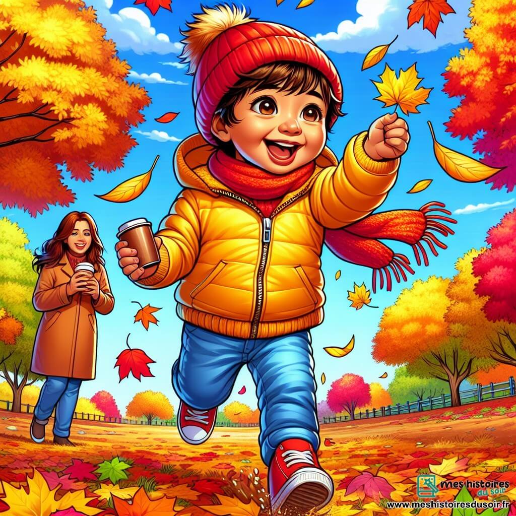 Un petit garçon de 1 an, avec des cheveux bruns en bataille et des yeux joyeux, court dans un parc en automne. Il porte une veste jaune vif et un bonnet rouge, riant en levant les bras pour attraper les feuilles qui tombent. Sa maman, une femme d'environ 30 ans avec de longs cheveux châtains et un sourire chaleureux, le regarde avec tendresse, tenant une tasse de chocolat chaud. Le parc est rempli d'arbres aux feuilles flamboyantes et le sol est recouvert de feuilles croustillantes. Le petit garçon s'amuse à ramasser une feuille jaune brillante, émerveillé par sa couleur, tandis que les feuilles dansent autour de lui, créant une atmosphère joyeuse et magique.