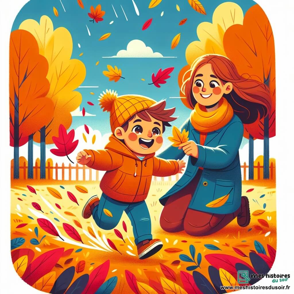 Léo, un petit garçon de 2 ans aux cheveux bruns en bataille et aux yeux pétillants, saute dans un tas de feuilles colorées, riant. Il porte une veste orange et un bonnet jaune, qui contrastent avec les feuilles rouges, jaunes et brunes. Sa maman, une femme d'une trentaine d'années aux cheveux châtains, sourit en le regardant, vêtue d'un manteau bleu et tenant une feuille dorée. La scène se déroule dans un parc automnal avec des arbres flamboyants et un ciel bleu clair. Léo s'amuse à sauter dans les feuilles, créant un nuage de couleurs vives, tandis que sa maman l'encourage, partageant un moment de bonheur simple.