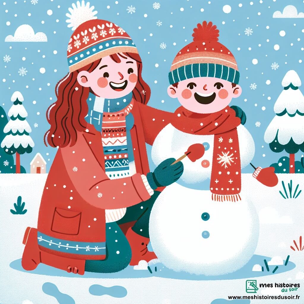 Léo, un petit garçon de 1 an aux cheveux châtains et aux yeux pétillants, construit un bonhomme de neige dans un jardin enneigé. Il porte une combinaison rouge et un bonnet bleu, souriant avec les joues rosies par le froid. Sa maman, une femme d'environ 30 ans aux cheveux bruns, l'accompagne, riant tendrement en mettant un chapeau sur le bonhomme de neige. Le jardin est recouvert de neige scintillante, avec des arbres chargés de flocons et un ciel bleu clair. Léo et sa maman s'amusent ensemble dans ce paysage hivernal magique.