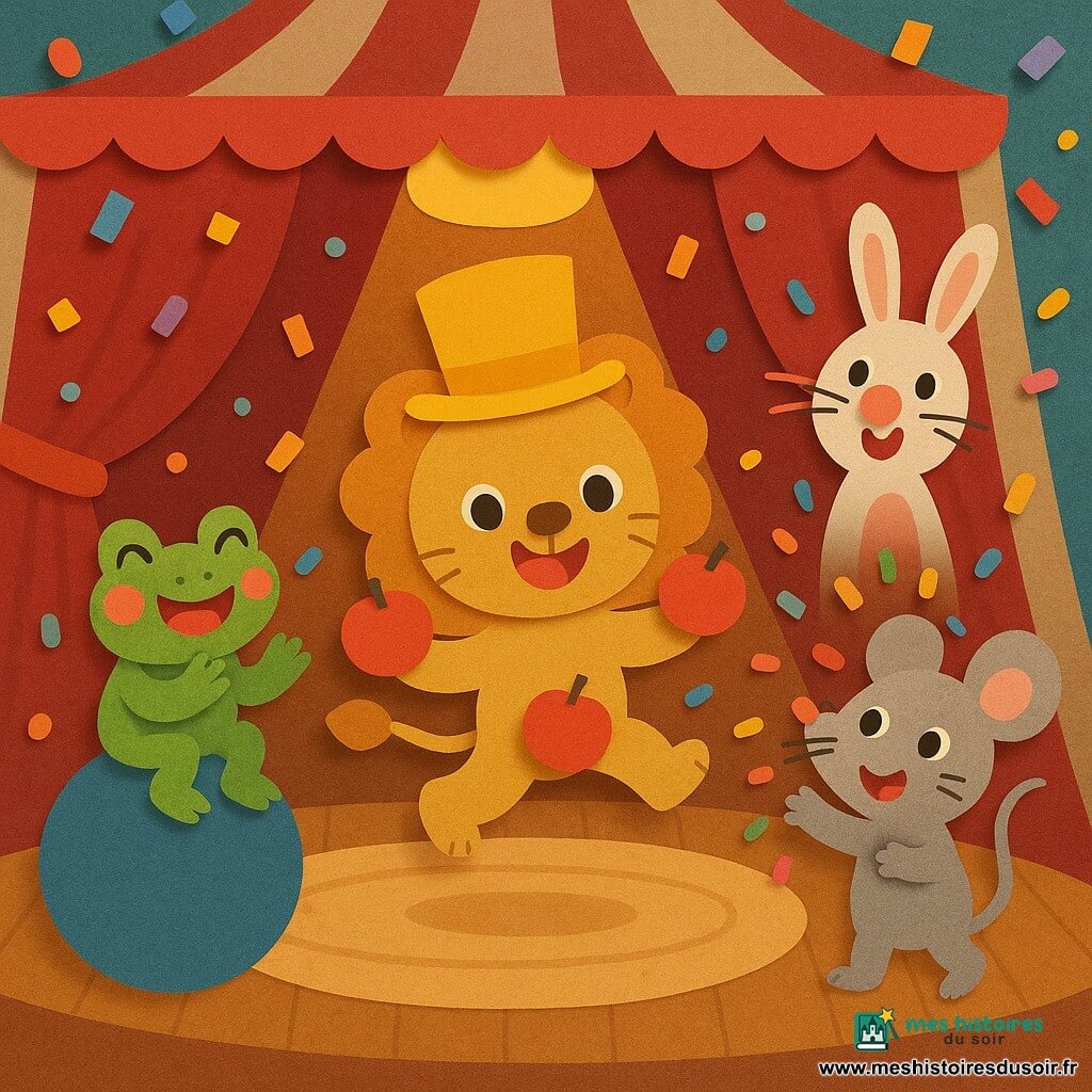 Loulou, petit lion en peluche doré au chapeau haut-de-forme jaune et au large sourire, saute au centre de la piste en faisant un tour de magie avec trois pommes rouges; à gauche, Zoé la grenouille verte aux joues roses applaudit assise sur une grosse balle bleue; à droite, Mimi la souris grise jette des confettis tandis que Pipo le lapin blanc, en arrière-plan, rigole avec une pomme sur le nez; le tout se déroule dans un chapiteau rouge et blanc, piste en bois clair et rideau velouté, sous une grosse lampe chaude — final de spectacle lumineux, festif et rassurant.