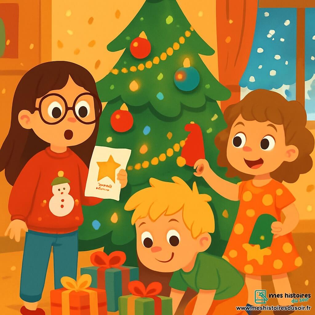Il y a trois personnages : Ana, une fille de 7 ans aux longs cheveux bruns et lunettes rondes, portant un pull rouge avec un bonhomme de neige, se tient près du sapin, surprise. Léo, un garçon de 6 ans avec des cheveux blonds en bataille et un sourire malicieux, est accroupi sous le sapin en cherchant l’étoile perdue, vêtu d’un t-shirt vert. Zoé, une fille de 5 ans avec des boucles châtain clair et une robe à pois, se tient à côté d’Ana, tenant un petit chapeau de lutin, curieuse et joyeuse. L'action se déroule dans un salon chaleureux, décoré pour Noël, avec un grand sapin scintillant au centre, orné de guirlandes dorées, de boules rouges et de lumières colorées. La neige tombe à l’extérieur, créant une ambiance festive. Les enfants cherchent l’étoile de Noël disparue, Ana lit un indice, Léo fouille sous le sapin et Zoé regarde autour d’eux, impatiente de découvrir le secret du lutin farceur.