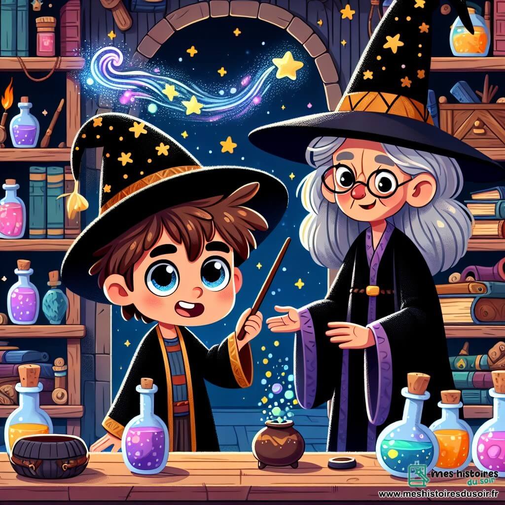 Un petit garçon de 6 ans, Tom, est un apprenti sorcier aux cheveux bruns en désordre et aux yeux curieux. Il porte une robe de sorcier noire avec des étoiles dorées et tient une baguette, affichant une expression de concentration et d'excitation alors qu'il tente de lancer un sort. À ses côtés, une vieille sorcière d'environ 70 ans, avec des cheveux gris en chignon et un chapeau pointu orné de plumes, sourit chaleureusement, prête à l'aider. La scène se déroule dans une pièce magique remplie de livres anciens, de potions colorées et d'objets flottants. Alors que Tom essaie de faire apparaître une montagne de bonbons, un nuage de fumée colorée s'échappe de sa potion, créant une atmosphère drôle et magique.