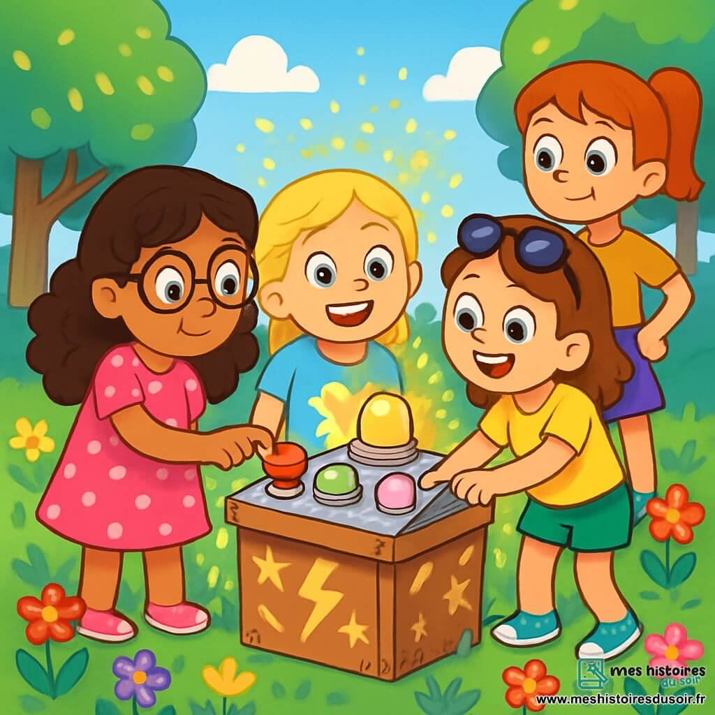 Quatre enfants découvrent une machine magique dans une clairière enchantée. Mia, six ans, porte une robe rose à pois et tient un bouton rouge. Lila, également six ans, a des cheveux blonds tressés et un t-shirt bleu. Zoé, avec des cheveux bruns et des lunettes de soleil, porte un short vert et un t-shirt jaune, pointant un bouton violet. Trixie, aux cheveux roux en queue de cheval, porte une jupe violette et un t-shirt orange, observant la machine avec curiosité. La clairière est remplie de fleurs colorées et d'arbres brillants, et la machine, ornée de motifs, émet des lumières clignotantes. Les filles, entourées de paillettes dorées, rient et s'émerveillent, prêtes pour une aventure magique.