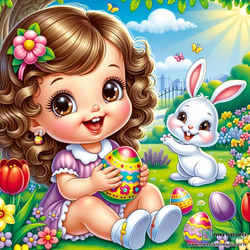 Lila, une petite fille d'un an aux grands yeux brillants et aux cheveux bouclés châtains, est assise dans un jardin ensoleillé, souriant en tenant un œuf coloré. À côté d'elle, un petit lapin blanc aux grandes oreilles danse joyeusement sur l'herbe. Le jardin est rempli de fleurs éclatantes : tulipes rouges, jonquilles jaunes et violettes, avec un grand arbre en arrière-plan et des œufs de Pâques cachés parmi les fleurs. Lila et le lapin partagent un moment de joie en découvrant les œufs cachés dans ce jardin magique.