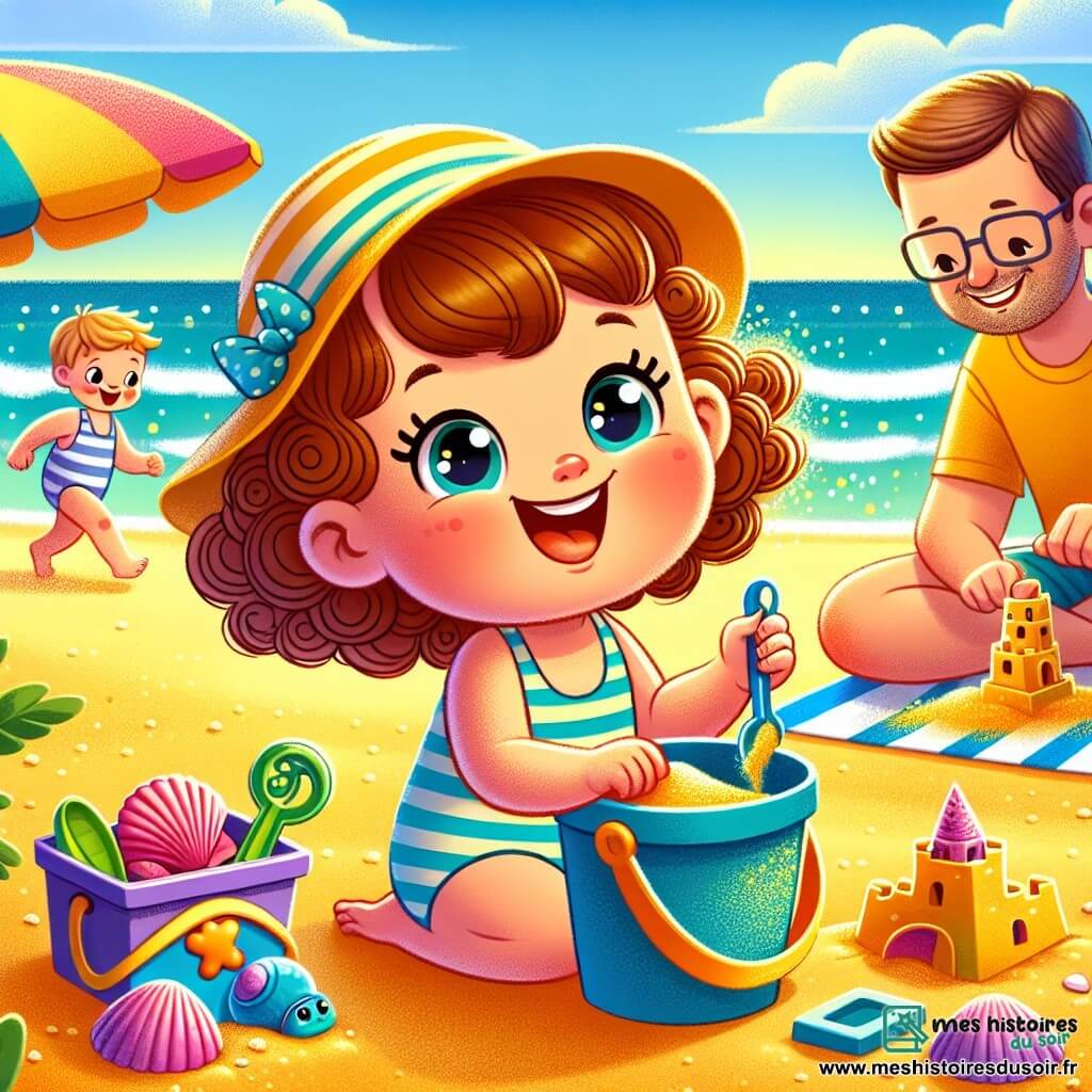 Une petite fille de 2 ans, Lila, sourit en jouant dans le sable de la plage. Elle porte un maillot de bain rayé et un chapeau de soleil. À côté d'elle, sa maman, une femme d'environ 30 ans avec des cheveux bruns, sourit en tenant un seau de coquillages, assise sur une serviette de plage. Un peu plus loin, son papa, un homme d'environ 35 ans avec une barbe légère, construit un château de sable. La plage est ensoleillée, avec des vagues, des parasols et des enfants qui jouent. Lila creuse dans le sable, entourée de sa famille qui l'encourage, créant des souvenirs inoubliables.