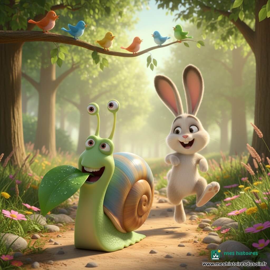 Victor, un escargot joyeux au corps vert tendre et à la coquille en spirale bleu et jaune pastel, croque une grande feuille couverte de gouttes de rosée au milieu d’un sentier forestier ensoleillé; Gaston, un lapin blanc et beige en retrait, rit et semble avoir repris sa course, quelques petits oiseaux colorés chantent au-dessus, herbes et fleurs sauvages roses et jaunes, troncs lisses, atmosphère ludique de course interrompue, lumière douce du matin, rendu cinématographique 3D adapté aux tout-petits.