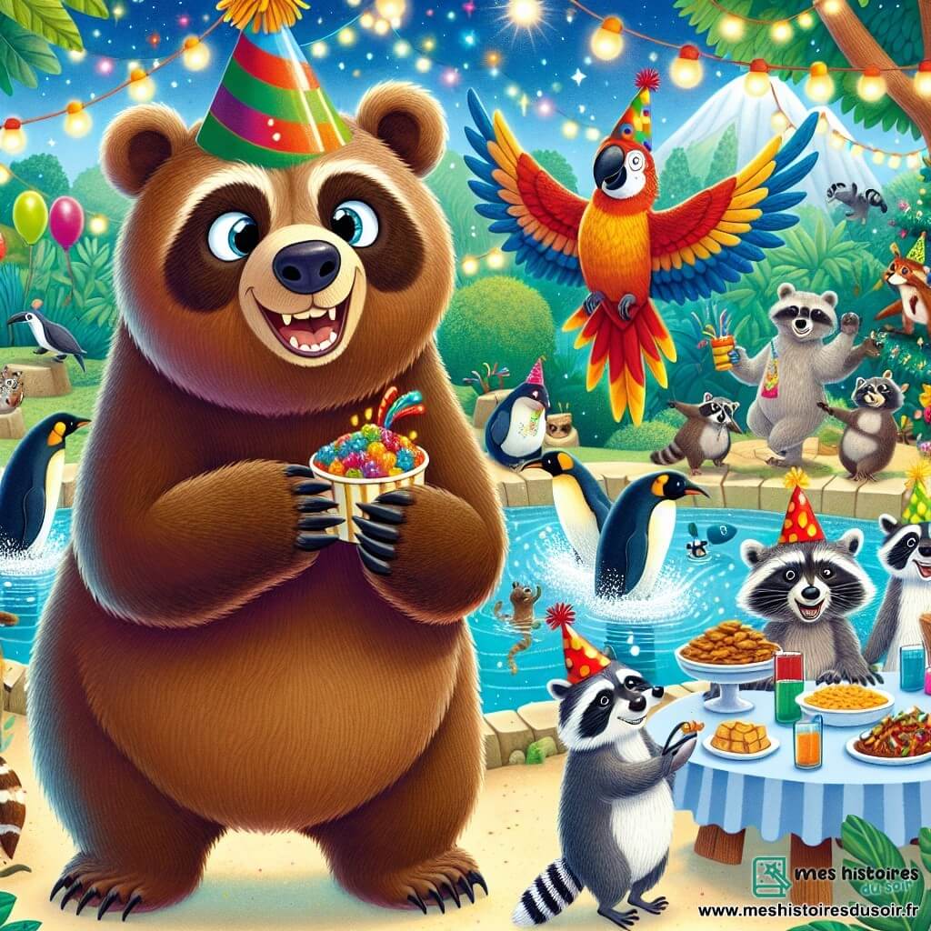 Un ours nommé Barnabé, rond et doux, avec un pelage brun et des yeux pétillants, se tient au centre de la scène, souriant joyeusement avec un chapeau de fête coloré. À ses côtés, un perroquet nommé Remy, avec un bonnet rouge, s'élance dans les airs, tenant une collation dans son bec. En arrière-plan, des pingouins en maillots de bain plongent dans une fontaine, tandis que des ratons laveurs préparent des friandises sur une table décorée. Le zoo est animé, baigné par la lumière de la lune, avec des arbres verdoyants et des étoiles, créant une ambiance festive. Barnabé et ses amis célèbrent ensemble lors d'une grande fête remplie de rires et de délicieuses collations.