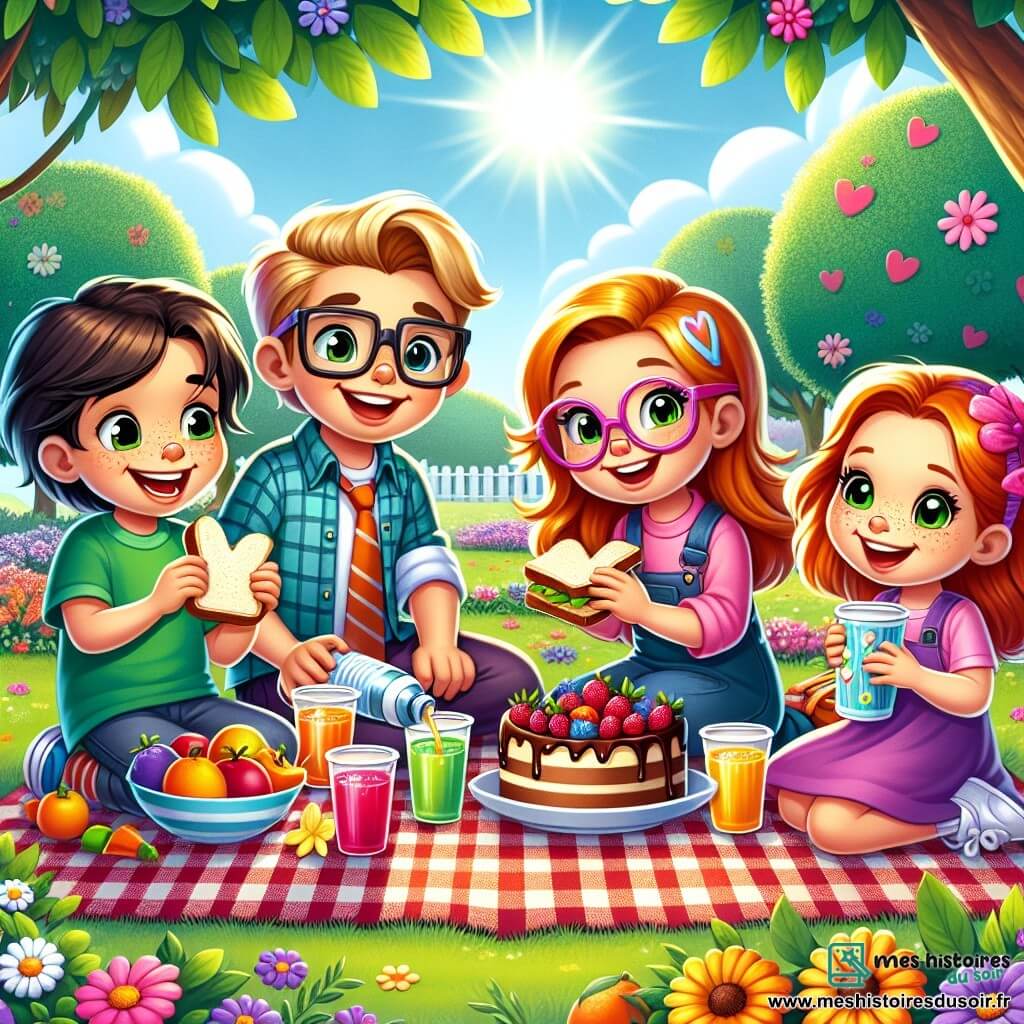 Quatre amis, deux garçons et deux filles, sont dans un parc ensoleillé. Lou, une fille de 8 ans avec des lunettes, sourit en tenant un sandwich. Max, un garçon de 7 ans aux cheveux blonds, rit en tenant un gâteau au chocolat. Lila, une fille de 8 ans aux longs cheveux roux, est assise sur une couverture en regardant des fruits colorés. Tom, un garçon de 7 ans avec des taches de rousseur, verse des jus de fruits dans des gobelets. Le parc est verdoyant, avec des fleurs et des arbres. Une nappe à carreaux rouges et blancs est étalée sur l'herbe, décorée de dessins d'enfants. Les amis préparent un pique-nique surprise pour la fête des pères, entourés de leurs papas qui arrivent avec surprise et bonheur.