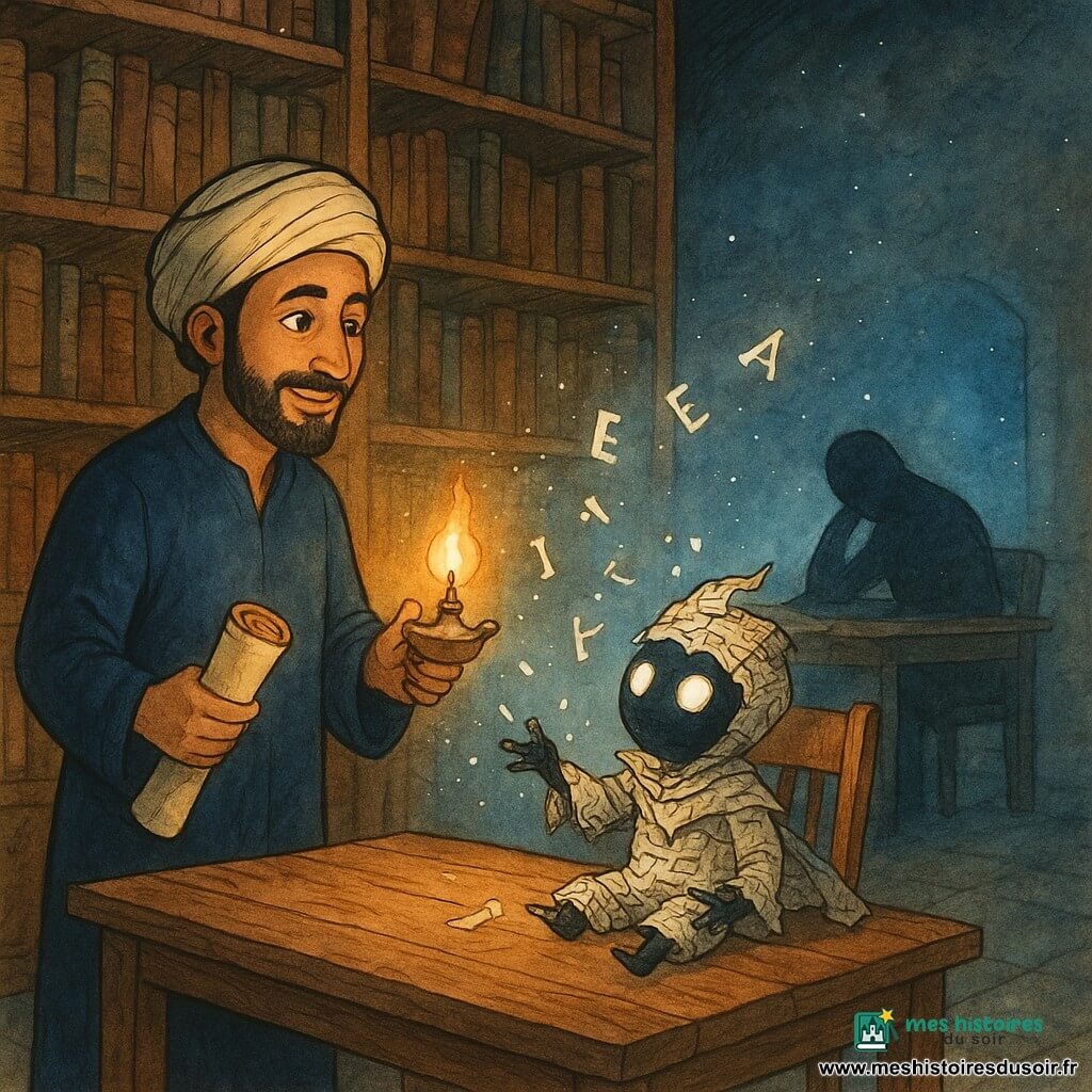 Nadir, homme d’environ 40 ans au visage olive, courte barbe noire, turban écru et robe bleu nuit, souriant légèrement et tenant un parchemin roulé et une petite lampe à huile, se tient près d’une grande table en bois; Saff, petite créature non humaine de la taille d’une théière faite de morceaux de pages et de lettres avec une cape de papier froissé et des yeux brillants comme de l’encre, est assise en lançant des lettres lumineuses; le Grand Effaceur, silhouette sombre et allongée sans traits, dort à une table en arrière-plan entouré d’une poussière bleue pâle; la bibliothèque, au bord d’un désert, a de hautes étagères en bois, livres à reliures cuir et papiers jaunis, volets ouverts sur un ciel étoilé avec une pluie de poussière d’étoiles et une porte dessinée en trait de lumière bleue; la scène montre Nadir racontant une histoire pour endormir le Grand Effaceur pendant que Saff offre des lettres brillantes, la lumière chaude de la lampe contrastant avec la lueur froide bleutée sous la porte et la poussière d’étoiles scintillante.