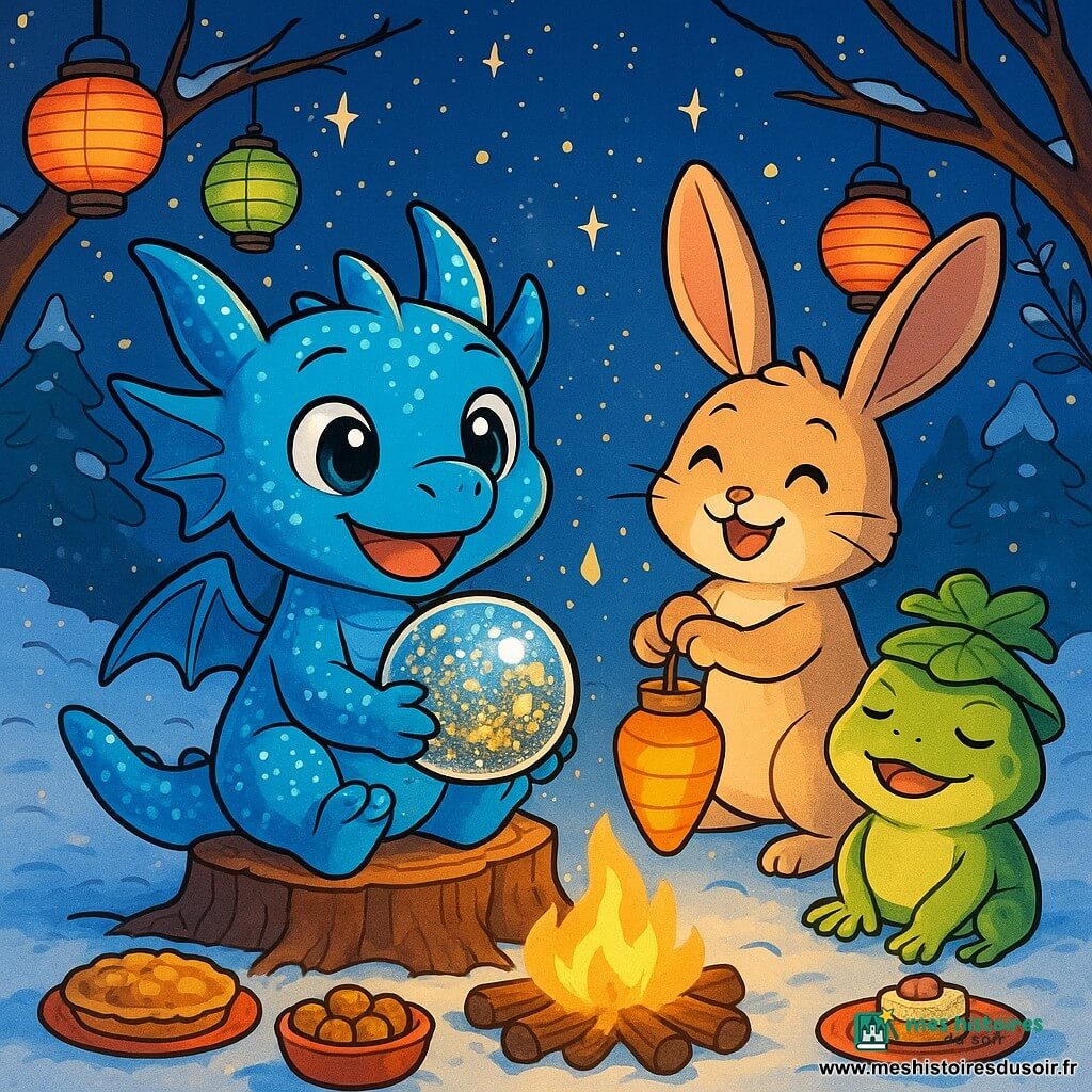 Un petit dragon bleu nommé Nimbus, aux écailles brillantes, est assis sur une souche en bois, les yeux pétillants d'excitation. Il tient une boule de verre remplie de paillettes dorées et argentées. À ses côtés, un lièvre-lanterne nommé Lirio éclaire la scène avec sa lanterne en forme de carotte. Plus loin, une grenouille au chapeau de feuille, Corail, chante doucement. La clairière est illuminée par des lanternes colorées et un grand feu crépite au centre, projetant des ombres sur la neige. Nimbus et ses amis se rassemblent pour célébrer le Nouvel An, avec des paillettes tombant du ciel étoilé, créant une atmosphère magique.