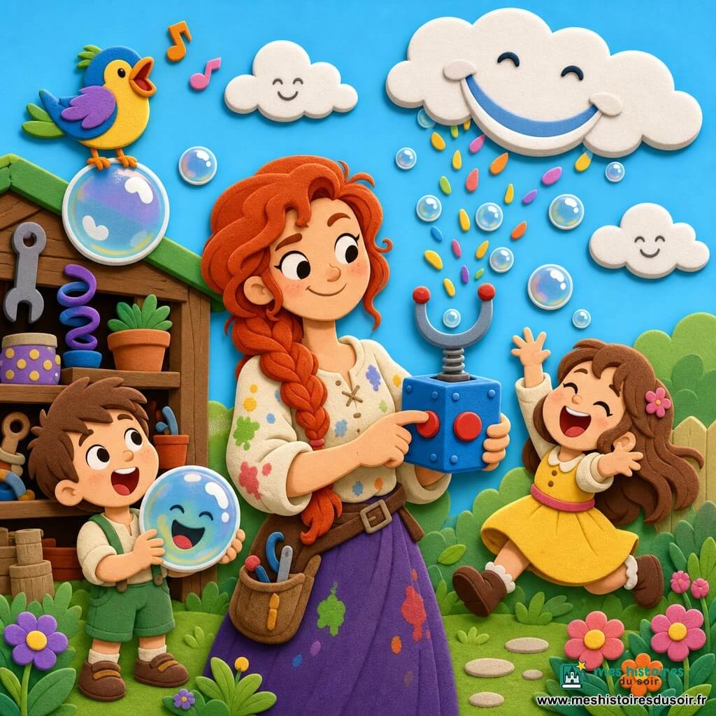 Léna, souriante et malicieuse, cheveux roux en tresse, blouse tachée de peinture, tient une petite boîte bleue à boutons rouges et une antenne en fer à cheval; à sa gauche un garçon d’environ 6 ans aux cheveux bruns courts la regarde émerveillé en tenant une bulle reflétant le ciel; à sa droite une fillette de 4 ans aux cheveux châtain longs rit et saute pour attraper des bulles près des fleurs; un oiseau coloré posé sur une bulle chante en haut à gauche; décor : jardin lumineux avec herbe verte texturée, cabane en bois pleine d’outils, pots, rubans et ressorts, ciel bleu et nuages souriants; Léna appuie sur le bouton rouge et des bulles translucides et confettis montent vers un nuage souriant; couleurs vives, formes simples et contours arrondis, textures type gommettes et mousse EVA, composition claire et joyeuse avec expressions lisibles.