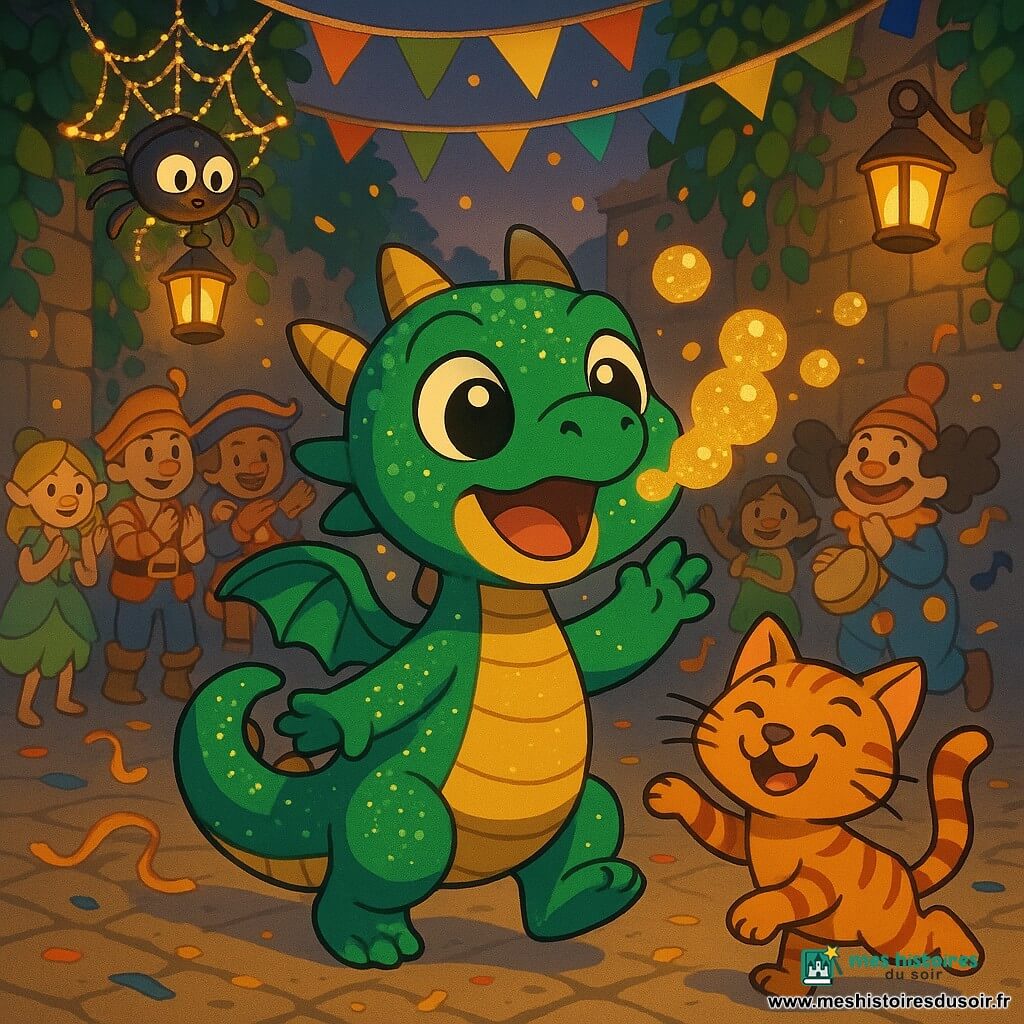 Pépito, petit dragon vert émeraude scintillant de paillettes dorées, est au centre, joyeux, soufflant des bulles dorées ; à sa droite Rayure, chat tigré en costume rayé orange et noir, bondit enjoué ; au-dessus à gauche Filou, petite araignée ronde, suspendue à sa toile tient une mini-lanterne et des guirlandes scintillantes ; en arrière-plan des villageois costumés (fées, pirates, clowns) dansent et applaudissent dans une cour pavée entourée de murs couverts de lierre, fanions et lanternes suspendues, confettis et rubans au sol, lampions dorés au crépuscule — parade de carnaval enchantée, ambiance festive, couleurs vives.