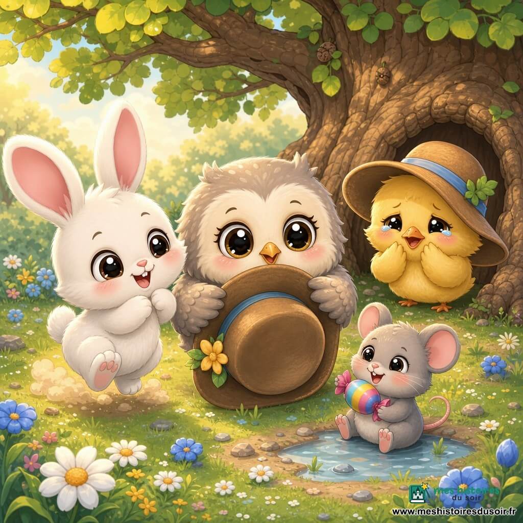 Luna, petite chouette ronde aux yeux brillants et plumes crème et grises, tient un chapeau entre ses pattes en regardant l'oisillon avec douceur ; Toto, lapin blanc dodu aux longues oreilles roses, sourit et saute légèrement à gauche, Mimi, souris grise minuscule aux joues roses, rit en tenant un bonbon près de la patte droite de Luna, et l'oisillon jaune au chapeau trop grand, assis sous un grand chêne au tronc brun texturé aux racines visibles, sourit timidement en pleurant un peu ; ils se rassemblent en cercle dans une clairière herbeuse parsemée de fleurs bleues et marguerites, petites pierres et flaque près de Mimi, lumière douce de fin d’après-midi, gestes tendres et ambiance chaleureuse, style chibi kawaii aux couleurs pastel vives, contours ronds et textures douces.