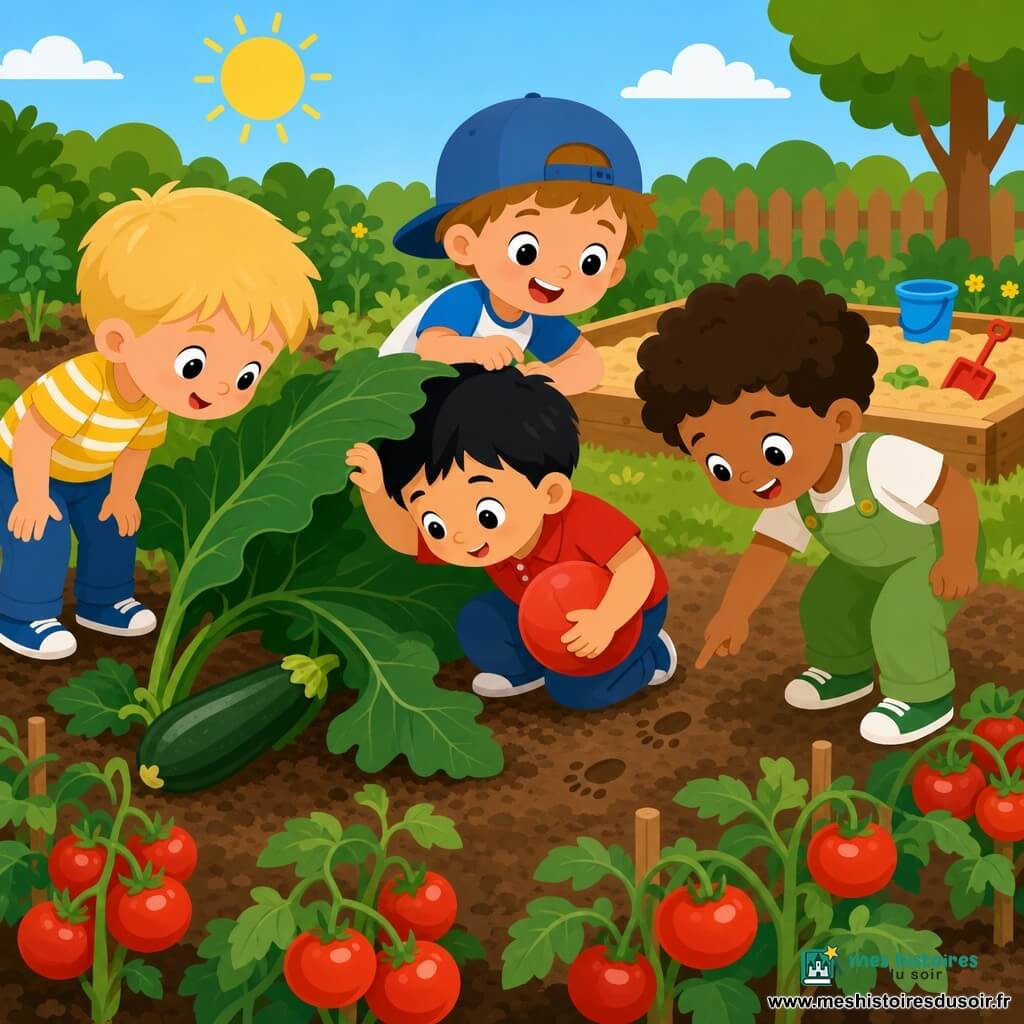 Quatre garçons enquêtent dans un potager ensoleillé : Max (6 ans) cheveux blonds courts, t-shirt jaune à rayures blanches, debout à gauche regardant sous une grande feuille de courgette ; Tom (6 ans) cheveux noirs, polo rouge, agenouillé tenant un ballon rouge à demi caché ; Sam (5 ans) cheveux châtain clair, casquette bleue, derrière Tom souriant et montrant le ballon ; Léo (5 ans) cheveux bruns bouclés, salopette verte, à droite pointant des petites empreintes dans la terre. Autour, rangées de tomates rouge vif, grandes feuilles vert foncé de courgette, terre brune et un petit bac à sable ; les enfants expriment joie et surprise en découvrant le ballon rouge caché.