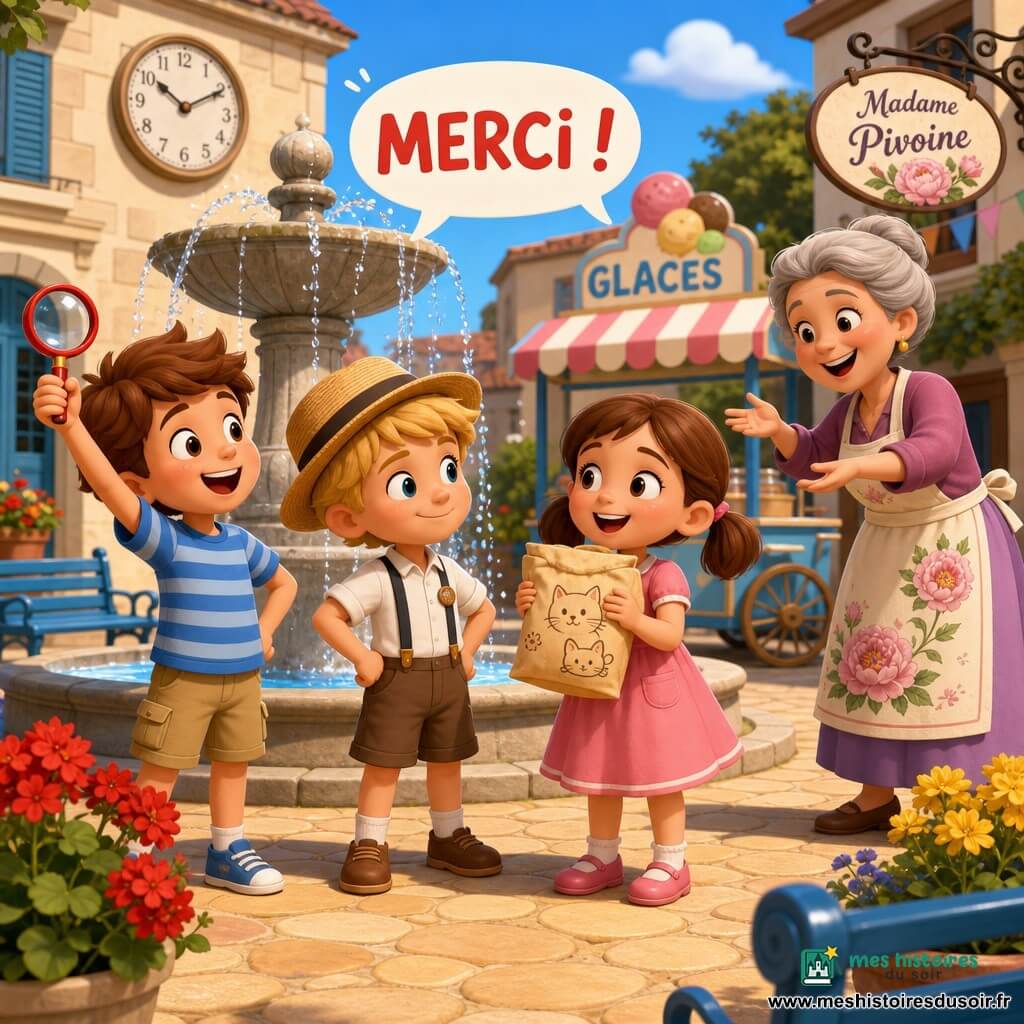 Quatre personnages : Malo, garçon de 5–6 ans, cheveux châtains courts, T-shirt rayé bleu et short kaki, tient une loupe rouge et se tient à gauche, Hugo, garçon de 5–6 ans, cheveux blonds sous un chapeau de paille incliné, sérieux mais souriant, mains sur les hanches au centre-gauche, Léa, fille de 5–6 ans, cheveux bruns en couettes, robe rose, tient un sac à goûter beige à motifs de chats au centre-droit, visage soulagé et souriant, et Madame Pivoine, femme d’une quarantaine d’années, cheveux gris clair en chignon, tablier à fleurs, à droite en arrière-plan tendant le sac retrouvé ; lieu : place de marché ensoleillée avec pavés ocre, grande fontaine centrale, bancs bleus, horloge sur une façade, charrette de glaces et jardinières fleuries ; situation : les enfants, rassemblés devant la fontaine, viennent de crier « merci » au moment où Madame Pivoine leur rend le sac, ambiance lumineuse de fin de matinée, couleurs vives, ombres douces et expressions nettes.