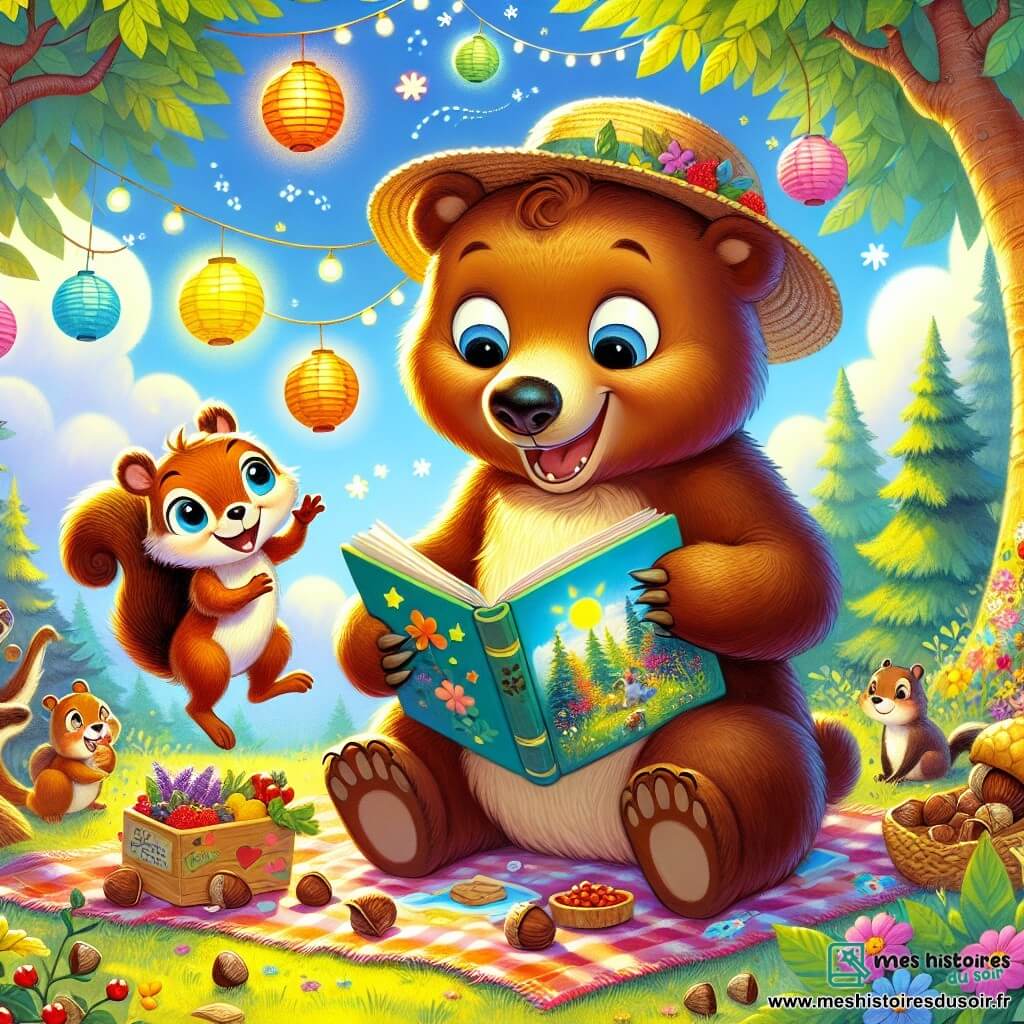 Illustration d'un ours curieux et joyeux, au pelage brun et aux yeux pétillants, portant un chapeau de paille et tenant un livre ouvert avec des images colorées de vacances d'été. À ses côtés, un petit écureuil espiègle au pelage roux grignote une noisette tout en admirant le livre. La scène se déroule dans une clairière ensoleillée, entourée d'arbres majestueux et de fleurs colorées, avec des lanternes en papier créant une ambiance festive. L'ours et l'écureuil préparent une fête d'été avec leurs amis animaux, chantant et dansant joyeusement sous un ciel bleu parsemé de nuages blancs. Des lanternes flottantes et des étoiles scintillantes apparaissent, rassemblant tous les amis dans la joie de célébrer l'été.