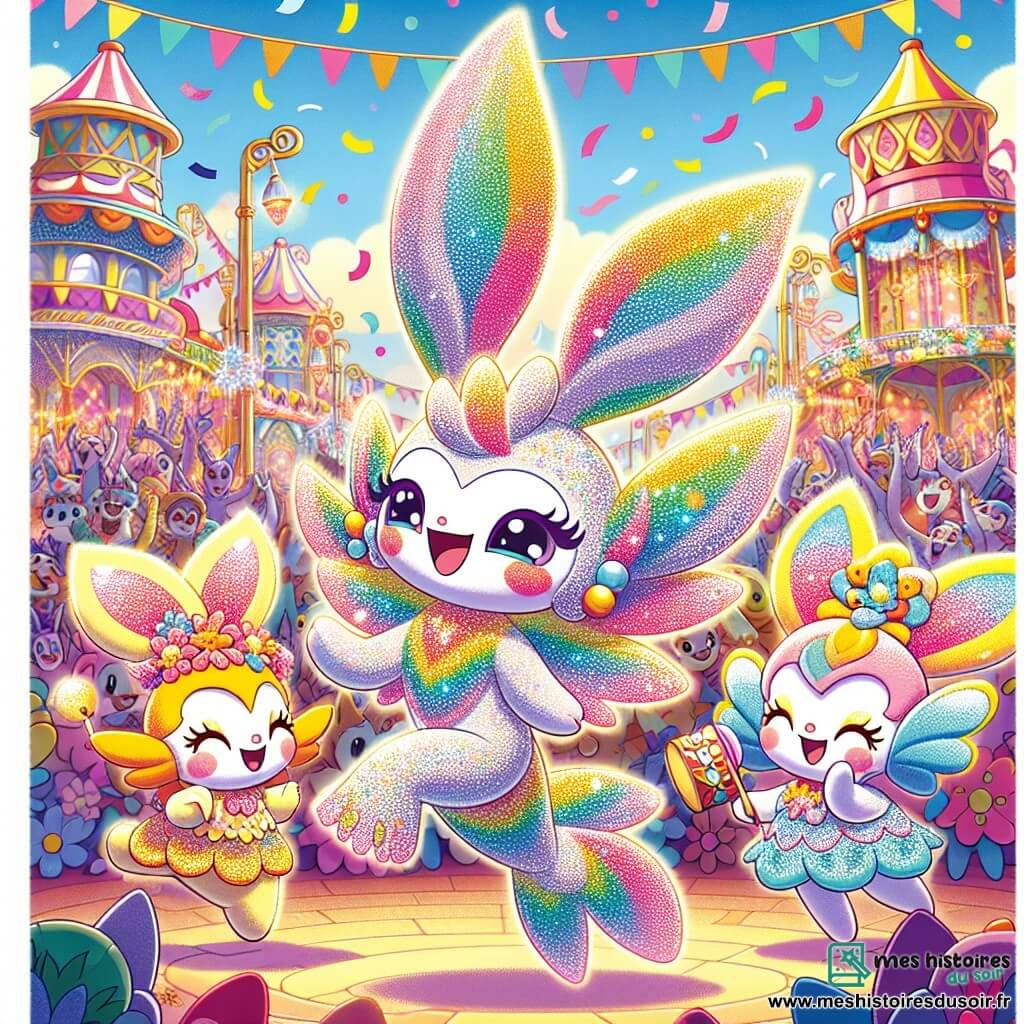 Au centre de l'image, Bobo, un Poudrilou aux plumes scintillantes aux couleurs de l'arc-en-ciel, danse joyeusement, entouré de confettis colorés. À sa droite, Fleurouette, une petite créature délicate avec de grandes oreilles en forme de pétales, sourit en tenant une guirlande de fleurs. À gauche, Chuchou, un Chuchou à la voix douce avec un chapeau en forme de tambour, bat des mains, rayonnant de joie. En arrière-plan, la place centrale de Fêteville est décorée de banderoles et de lanternes, avec des créatures dansant et s'amusant. La scène représente le Carnaval des Rêves, où Bobo et ses amis célèbrent l'amitié et la joie.