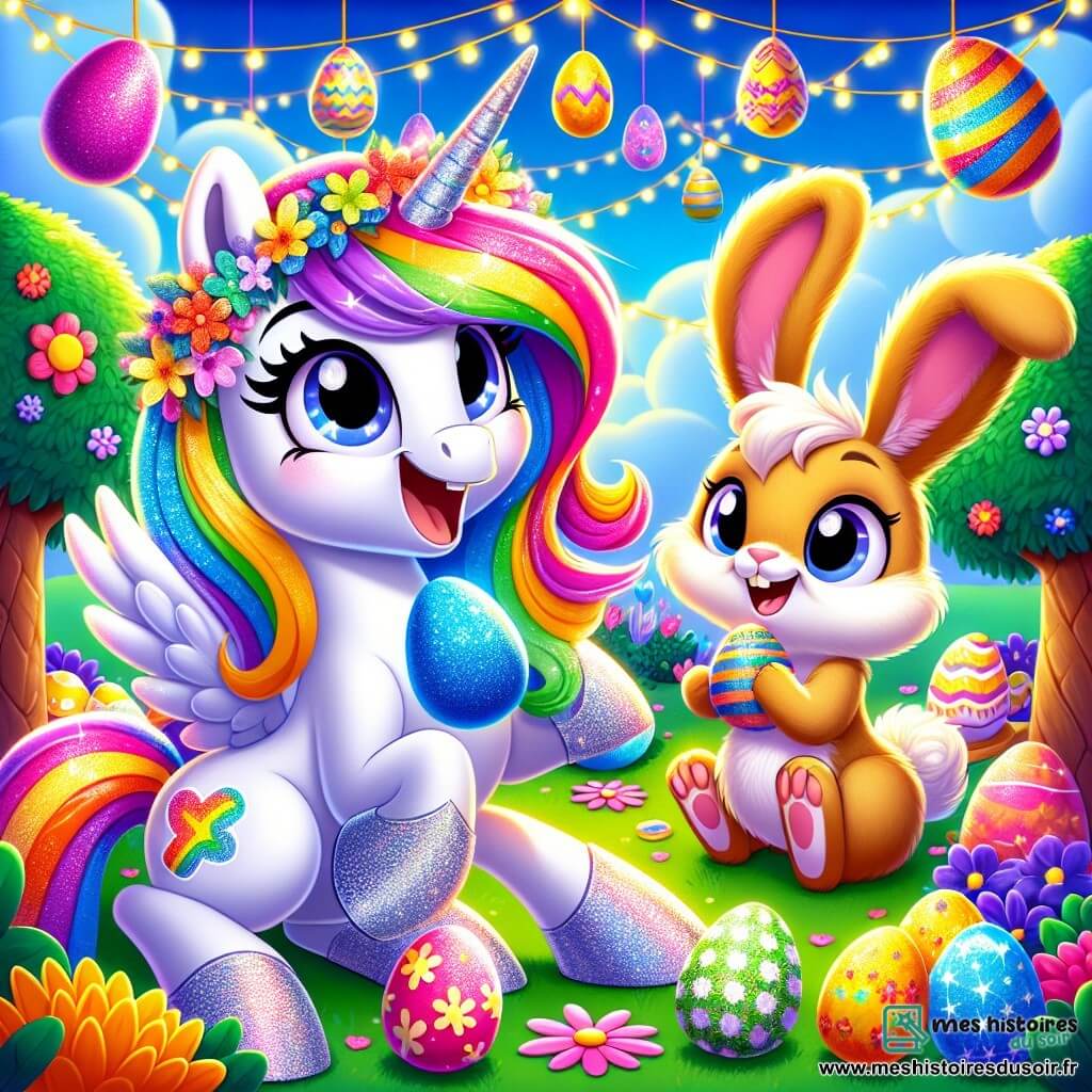 Au centre de l'image, Lumie, une jeune licorne aux crins arc-en-ciel et aux sabots scintillants, sourit joyeusement en décorant son jardin avec des œufs de Pâques colorés, entourée de guirlandes lumineuses et de fleurs en papier. À sa droite, Caramel, un lapin aux grandes oreilles, admire les décorations, tenant un œuf bleu vif dans ses pattes. En arrière-plan, le jardin est coloré avec des œufs cachés sous des buissons fleuris et des arcs en papier crépon. Lumie et Caramel préparent une chasse aux œufs de Pâques, impatients d'accueillir leurs amis pour une journée de rires et de surprises.