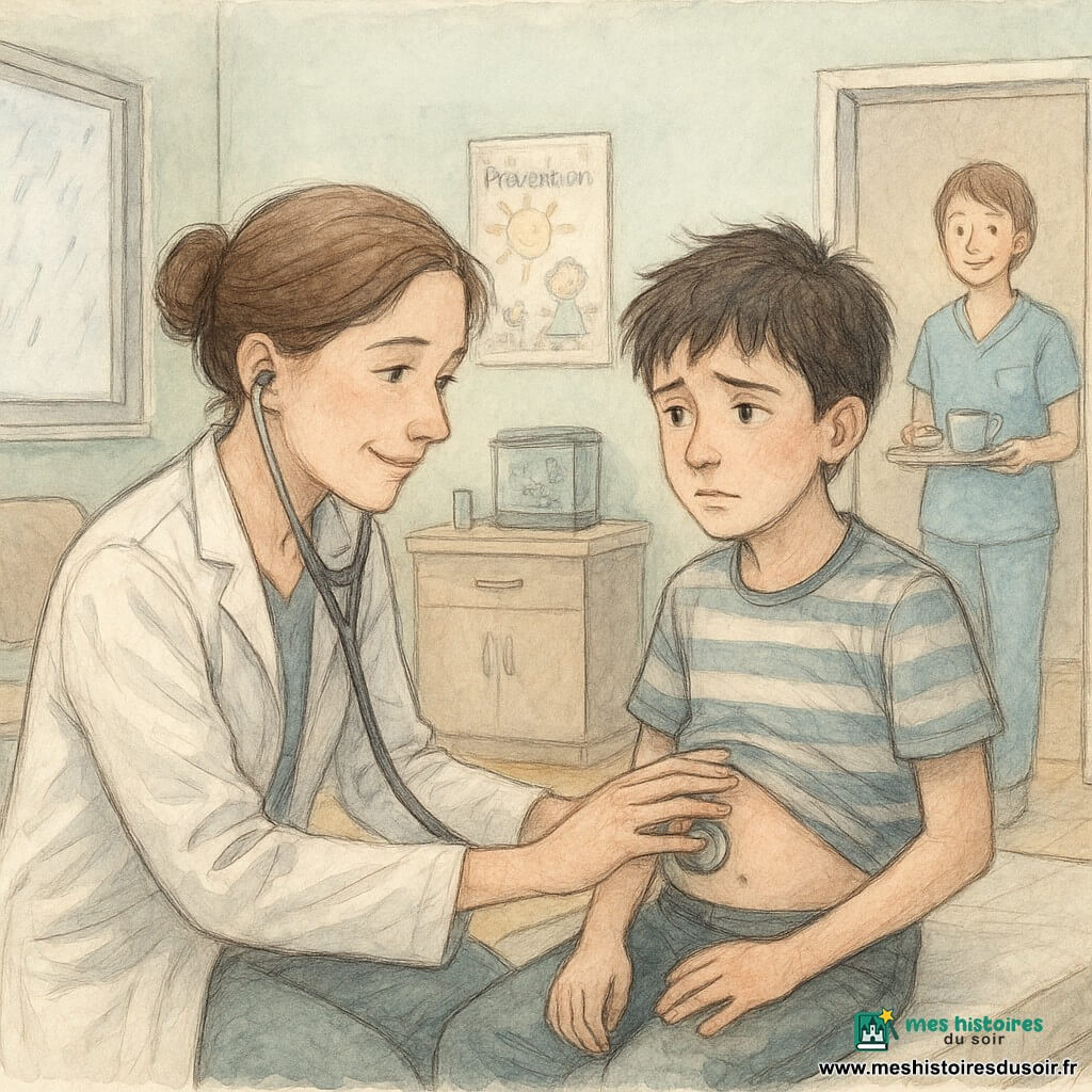 La médecin Lina, environ 35 ans, cheveux châtain en chignon, blouse blanche et stéthoscope, est accroupie et pose délicatement sa main gauche sur le ventre du garçon Noé, 12 ans, assis sur la table d'examen, inquiet mais soulagé, tandis qu'elle écoute avec le stéthoscope; l'infirmière Nora, ~30 ans, cheveux courts, tient un plateau avec une tasse de tisane et des biscuits près de la porte à droite; la salle d'attente/cabinet est chaleureuse (murs menthe pâle, parquet clair, petit aquarium, affiche enfantine, fauteuils alignés, lavabo inox et boîte de pansements) et une fenêtre montre la pluie fine; scène intime et rassurante, lumière douce, contours aux crayons fins et touches d'aquarelle pastel, accent sur les regards et les mains bienveillantes.
