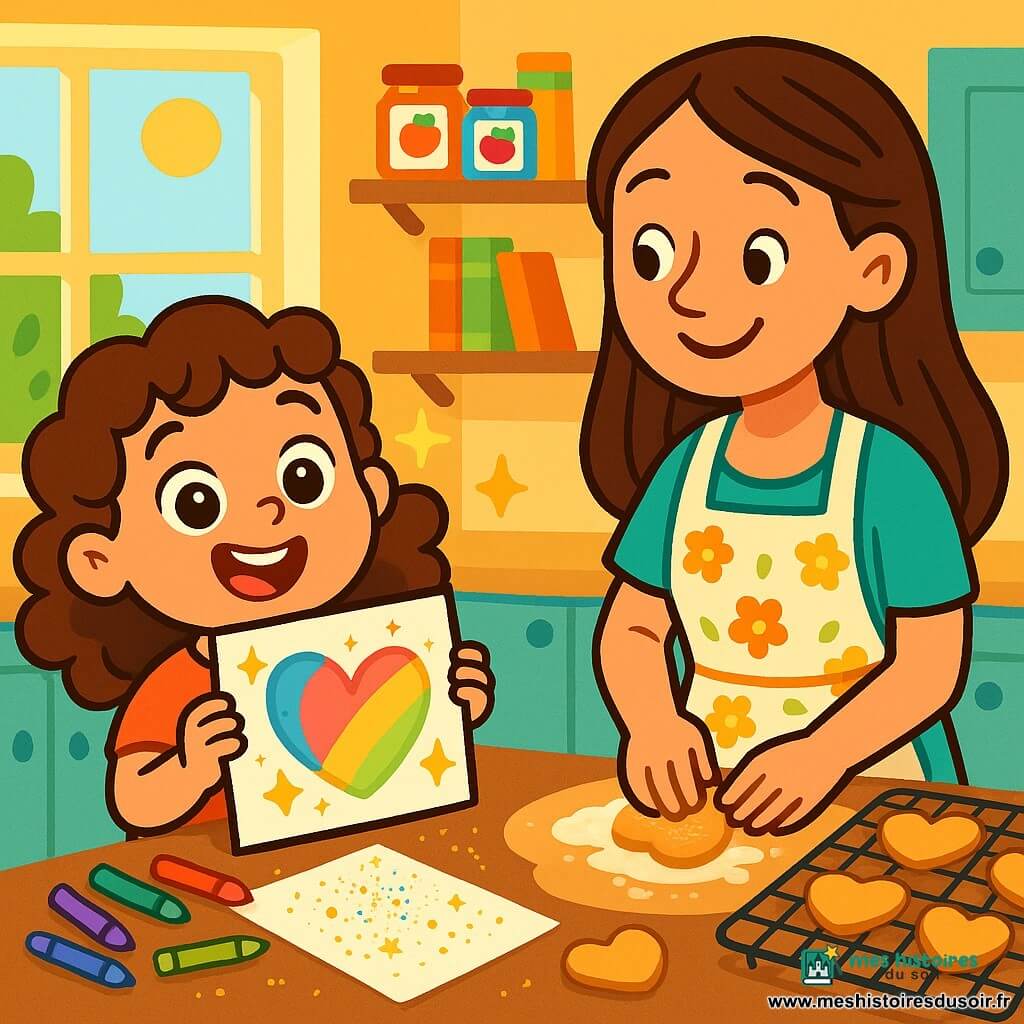 Une petite fille de 4 ans, Léa, avec de grands yeux pétillants et des cheveux bruns bouclés, se tient dans la cuisine, souriante, tenant un dessin en forme de cœur. Sa maman, d'environ 30 ans, sourit en préparant des cookies sur le plan de travail, portant un tablier à fleurs et ayant les mains farinées. La cuisine est chaleureuse avec des murs jaunes, une grande fenêtre et des étagères pleines de pots de confiture et de livres de recettes. Léa prépare une surprise pour la fête des pères, entourée de crayons, de paillettes et de cookies en forme de cœur. L'atmosphère est joyeuse et pleine d'amour.
