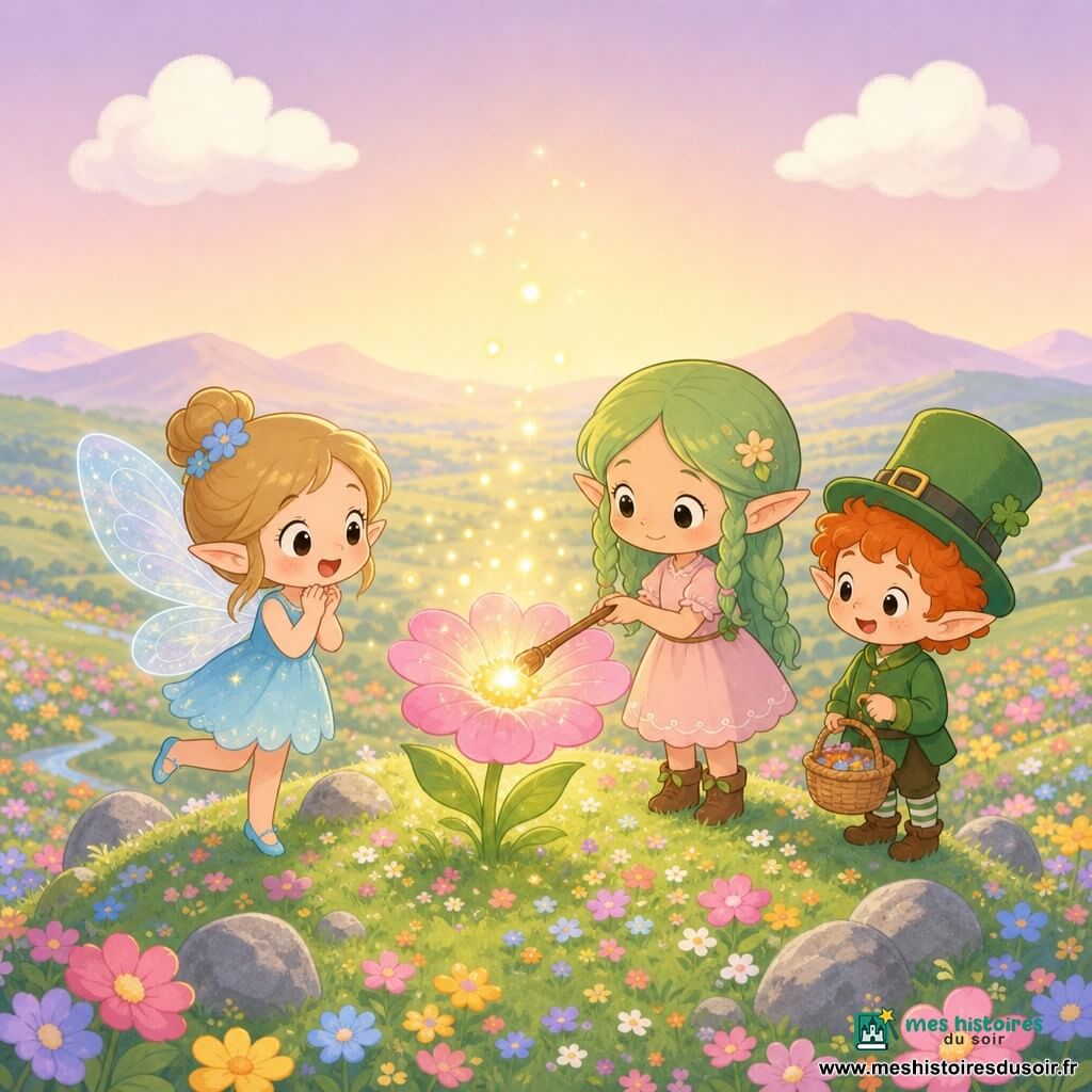 Léna, petite elfe souriante et concentrée aux cheveux verts en tresses et oreilles pointues, touche avec une baguette en bois une fleur magique centrale qui émet une douce lumière rose et des étincelles dorées; à gauche, Lila la fée aux yeux émerveillés et ailes translucides pailletées saute sur la pointe des pieds pour mieux voir, et à droite Léo, petit lutin roux d’environ six ans coiffé d’un bonnet vert, tient un panier et admire la fleur; le tout se déroule au sommet d’une montagne elfique: vaste prairie ondulée de fleurs arc‑en‑ciel et herbe douce, quelques rochers ronds, ciel pastel avec deux nuages et une lueur dorée au‑dessus de la fleur, ambiance chaleureuse aux couleurs vives et formes arrondies.