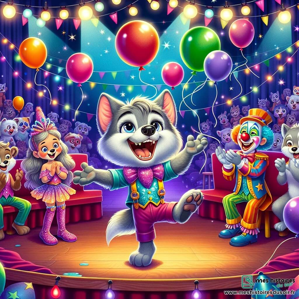 Petit Loup, un jeune loup aux grandes oreilles et au pelage gris, est sur scène, riant et jonglant avec des ballons colorés. À côté de lui, Lili, la funambule, une petite fille aux cheveux blonds en tresses, applaudit avec fierté, vêtue d'un costume scintillant. Un peu en arrière, Zizi, le clown au nez rouge et à la perruque bouclée, fait des grimaces comiques. Le cirque est flamboyant, rempli de lumières et de décorations colorées, avec un public d'animaux et d'enfants riant et applaudissant. Petit Loup jongle, un ballon s'échappe et s'envole, provoquant des rires et une ambiance festive.