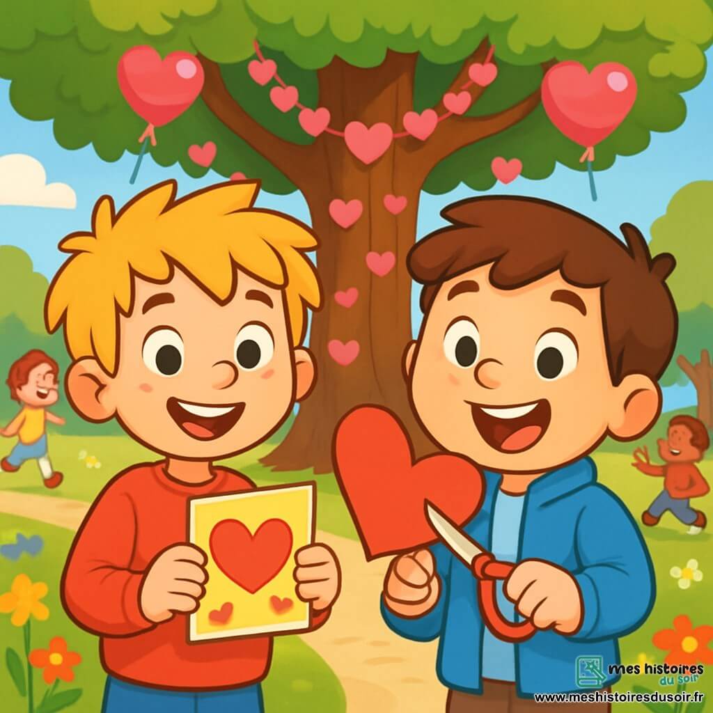 Il y a deux personnages principaux : Lucas, un garçon de 8 ans aux cheveux blonds en bataille, portant un sweat-shirt rouge avec un cœur, et Max, un garçon de 8 ans aux joues rondes et cheveux bruns, qui découpe un cœur en papier rouge. L'action se déroule dans un parc ensoleillé, avec un grand arbre décoré de guirlandes de cœurs et de ballons, créant une ambiance festive. Lucas et Max découvrent une surprise : une fête de la Saint-Valentin organisée par leurs amis, entourés de cœurs et de rires, prêts à célébrer l'amitié.