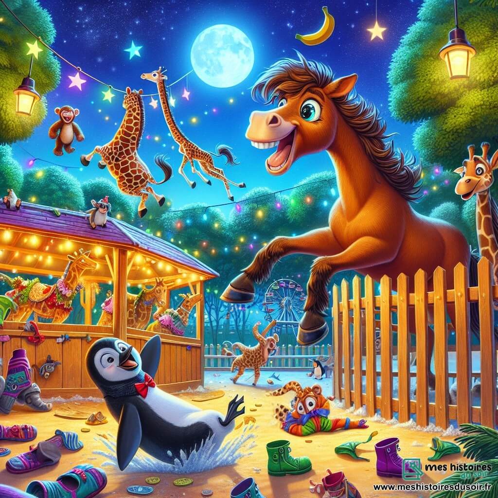 Oscar, un cheval espiègle avec une crinière ébouriffée, saute joyeusement, tandis que Ginette la girafe essaie d'attraper une banane avec sa langue, affichant une expression concentrée. Paco le pingouin glisse sur le sol, riant de sa maladresse. La scène se déroule dans un zoo coloré sous un ciel étoilé, avec des costumes farfelus éparpillés, créant une ambiance joyeuse et festive lors d'une compétition de déguisements entre Oscar et ses amis.