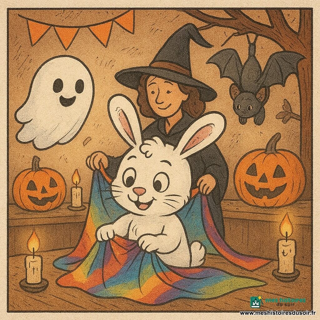 Un lapin blanc nommé Pompon, avec des oreilles frisées et un museau curieux, se tient au centre, les yeux brillants, en train de plier une nappe magique aux couleurs chatoyantes. À sa gauche, un fantôme rond et souriant flotte légèrement. À droite, une chauve-souris suspendue à une branche observe attentivement. En arrière-plan, une sorcière avec un sourire bienveillant attache un ruban autour de la nappe. La scène se déroule dans une salle décorée pour Halloween, avec des citrouilles sculptées et des bougies, créant une ambiance chaleureuse et magique. Les amis unissent leurs efforts pour plier la nappe, entourés d'une atmosphère festive.