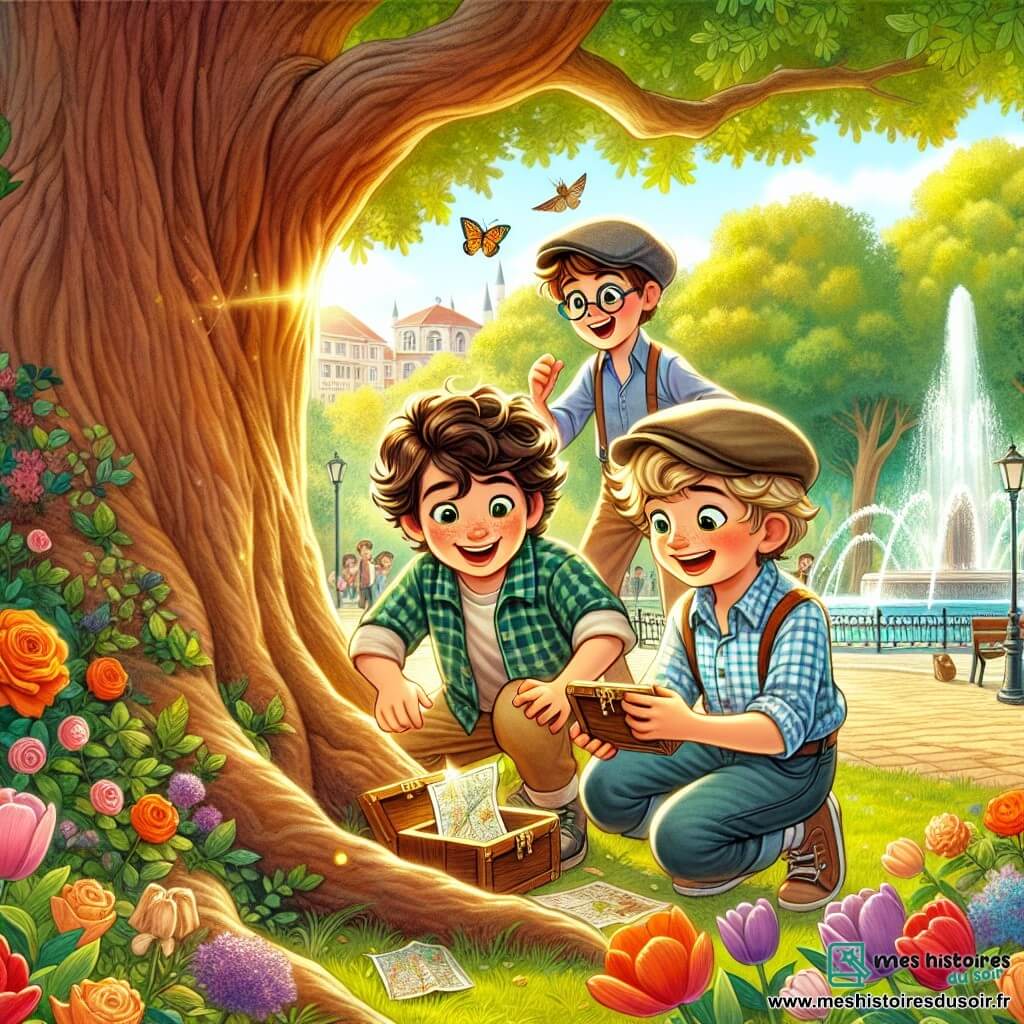Dans un parc ensoleillé d'Istanbul, trois garçons de neuf ans, Lucas, Max et Sam, se rassemblent autour d'un grand chêne. Lucas ouvre une petite boîte en bois trouvée sous l'arbre, tandis que Max, curieux, observe son contenu. Sam désigne une carte ancienne découverte à l'intérieur. Le parc est fleuri, avec des roses et des tulipes, et une fontaine scintille au soleil. Les garçons, émerveillés par leur découverte, incarnent l'esprit d'aventure et d'amitié.