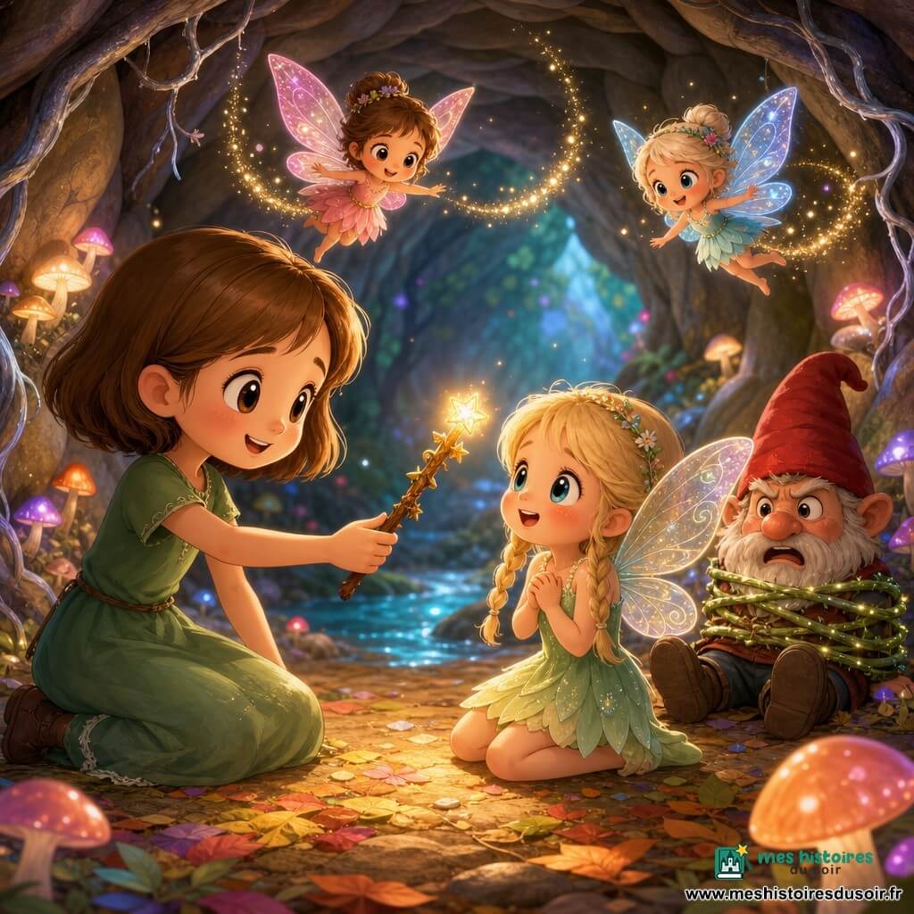 La petite fée principale, émue et soulagée, aux yeux brillants, joues rosées, cheveux blonds en tresses et ailes translucides pailletées, tient une baguette magique en bois décorée d'étoiles dorées; Lila, fillette d'environ 8 ans courageuse et souriante aux cheveux châtains courts et robe verte simple, est agenouillée au premier plan à gauche en lui tendant la baguette; un gnome barbu, grognon et surpris au nez rond et chapeau pointu rouge est assis un peu en arrière, les mains liées par une liane brillante; deux autres petites fées joyeuses volent en cercle avec des ailes scintillantes roses et bleues, créant des tourbillons de poussière d'or; la scène se situe à l'entrée d'une grotte aux parois lisses ornées de champignons lumineux et de racines argentées, au sol des feuilles multicolores et une petite rivière scintillante derrière; la remise de la baguette à la fée blessée est un moment de triomphe tendre, la baguette émettant une lumière chaude qui éclaire les visages dans une ambiance magique et sécurisante.