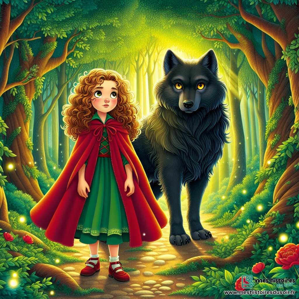 Élodie, une fille de 11 ans, se tient au bord d'une forêt enchantée, ses yeux brillants de curiosité. Elle a des cheveux bouclés, brun doré, et porte un manteau rouge qui contraste avec le vert des arbres. À ses côtés se trouve un grand loup majestueux, au pelage sombre et soyeux, qui affiche une expression douce et bienveillante. La scène se déroule à l'entrée d'une forêt magique, avec des arbres majestueux et des fleurs luminescentes. Élodie et le loup font face à un groupe de loups sombres, qui les observent avec hésitation. Élodie, souriante, tend la main vers eux, prête à leur montrer un autre chemin, symbolisant l'espoir de rédemption et d'amitié.