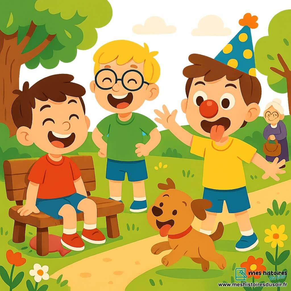 Trois garçons espiègles de 3 ans : Timéo, aux cheveux bruns et sourire malicieux, est assis sur un banc en bois avec un t-shirt rouge et un short bleu. Léo, blond avec des lunettes rondes et un t-shirt vert, se tient à côté de lui, riant aux éclats. Maxime, châtain avec un chapeau de clown et un t-shirt jaune, fait une grimace devant Timéo. Ils sont dans un parc ensoleillé avec des arbres, une aire de jeux colorée et des fleurs multicolores. Timéo cache un coussin péteur sous le banc, tandis que Léo et Maxime rient. Mamie Lulu, souriante, les observe en tenant un grand sac à main rempli de surprises.