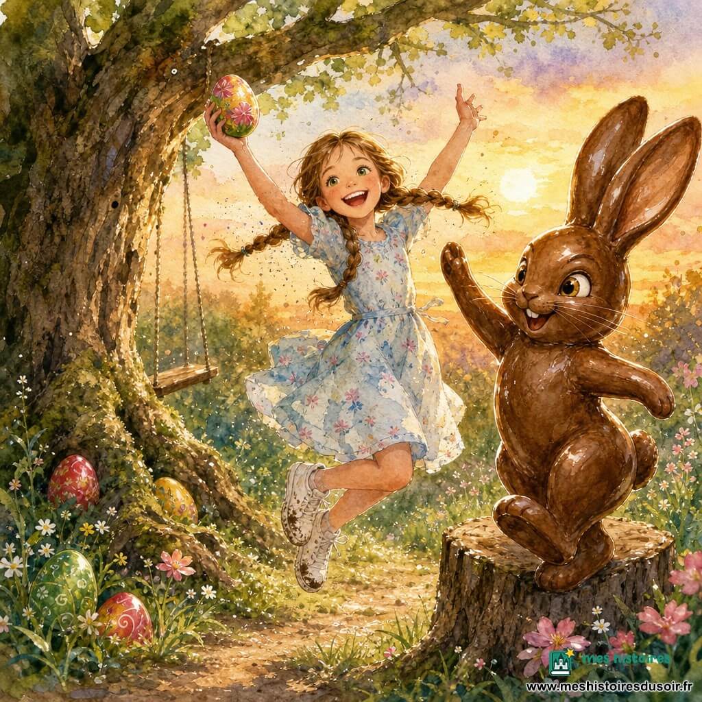Fille de 10 ans joyeuse aux deux tresses châtain clair et yeux verts, en robe printanière bleu pâle à fleurs et baskets, sautant les bras levés en tenant un œuf en chocolat coloré, à côté d’un lapin en chocolat géant anthropomorphe brun luisant qui danse, posé à moitié sur une souche ; plusieurs œufs peints sont partiellement cachés sous des buissons et entre les racines d’un vieux chêne à gauche ; jardin crépusculaire d’herbe dense et fleurs sauvages avec un petit sentier et une balançoire, lumière dorée et rosée scintillante, scène de chasse aux œufs magique rendue par des éclaboussures d’aquarelle suggérant joie et féerie sans photoréalisme.