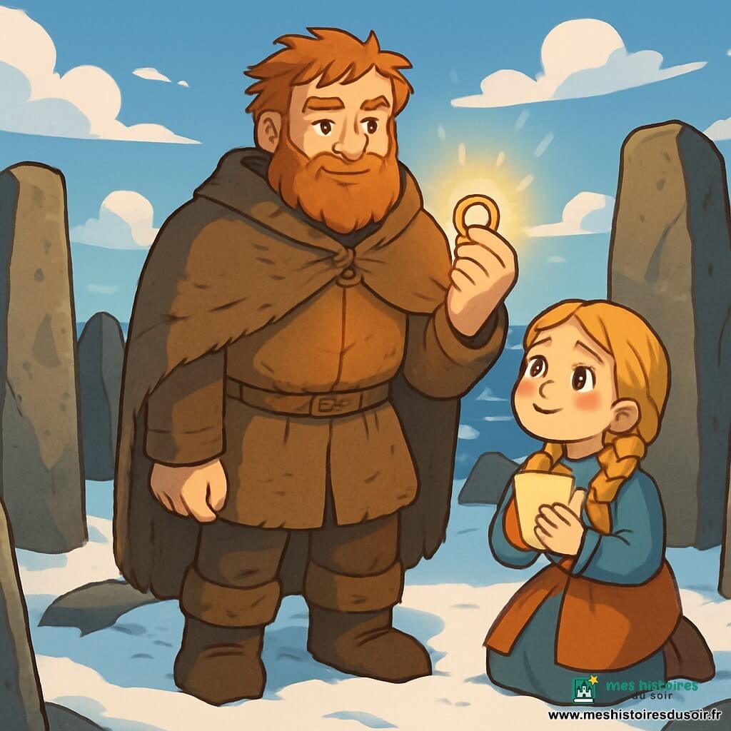 Leif, un homme robuste avec une barbe rousse et des cheveux ébouriffés, se tient au centre d'un cercle de pierres anciennes, affichant une détermination calme. Il porte un manteau en laine usé et tient un anneau scintillant. À ses côtés, Eira, une fillette de dix ans aux cheveux blonds tressés et aux joues rosies par le froid, l'admire en tenant une lettre précieuse contre sa poitrine, les yeux pleins d'espoir. Le cercle de pierres majestueuses se trouve sur une falaise surplombant une mer agitée, sous un ciel bleu parsemé de nuages. Ils rendent l'anneau aux ancêtres, une lumière douce émerge des pierres, illuminant leurs visages, tandis que des ombres dansent autour d'eux, symbolisant la connexion entre les vivants et les morts.