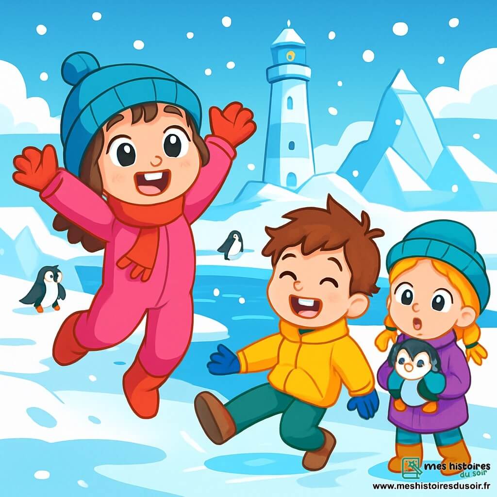 Clara, une petite fille de 6 ans avec de grands yeux brillants et un sourire émerveillé, porte une combinaison de neige rose vif, un bonnet bleu et une écharpe rouge. Elle saute de joie sur la neige, les bras levés, entourée de flocons. À côté, Lucas, un garçon de 6 ans avec des cheveux bruns et une veste jaune, rit en glissant sur la glace, tandis que Zoé, avec des tresses blondes et un manteau violet, tient un pingouin en peluche, surprise. En arrière-plan, un phare de glace scintille sous le soleil, entouré de neige et d’icebergs, avec des pingouins jouant près de l’eau. La scène reflète la magie et l'aventure, illustrant l'émerveillement des enfants face à la beauté de l'Antarctique.
