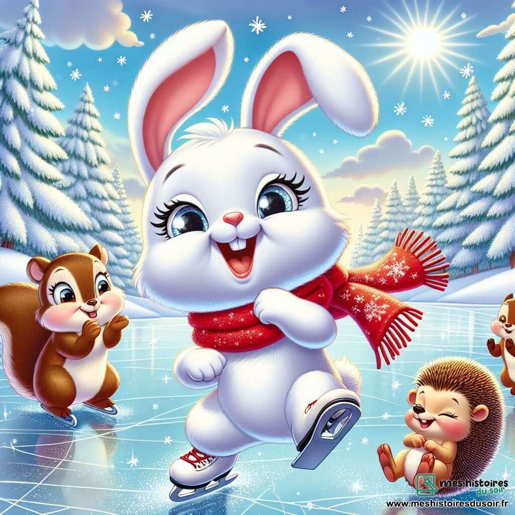 Un lapin blanc nommé Loulou patine sur un lac gelé, riant aux éclats, avec une écharpe rouge flottant derrière lui. À ses côtés, une petite écureuil nommée Chloé applaudit, tandis qu'un hérisson nommé Tim essaie de se relever après être tombé dans la neige. Le décor est une forêt enchantée recouverte de neige scintillante, sous un ciel bleu clair avec des nuages blancs et un doux soleil. Loulou et ses amis s'amusent sur la glace, partageant des rires dans une atmosphère magique et festive.