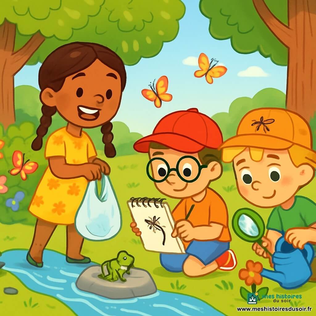Il y a trois personnages : Lina, une fille de 8 ans avec des tresses brunes, un sourire éclatant, une robe jaune à fleurs et un sac rempli de déchets ; Tom, un garçon de 7 ans avec une casquette rouge, des lunettes, un carnet de dessin et qui observe une larve de libellule ; et Nino, un garçon de 8 ans avec des cheveux blonds en bataille, un t-shirt vert, un chapeau avec un moustique brodé et une loupe, qui regarde une petite fleur. L'action se déroule au bord d'un ruisseau, entouré d'arbres et de fleurs, avec des papillons et une grenouille sur un nénuphar. Les amis nettoient le ruisseau : Lina ramasse un sachet en plastique, Tom dessine la larve, et Nino arrose une fleur, tout en s'amusant et en prenant soin de la nature.