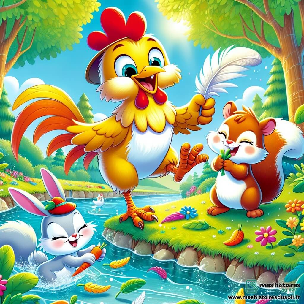 Un coq nommé Gustave, avec des plumes dorées et un chapeau amusant, saute près d'une rivière scintillante. À ses côtés, un lapin espiègle nommé Léon grignote une carotte en riant. Un écureuil malicieux, Zoé, tient une plume géante. La scène se déroule dans une forêt enchantée, où les amis s'amusent à attraper des plumes flottantes sur l'eau, créant une ambiance joyeuse.